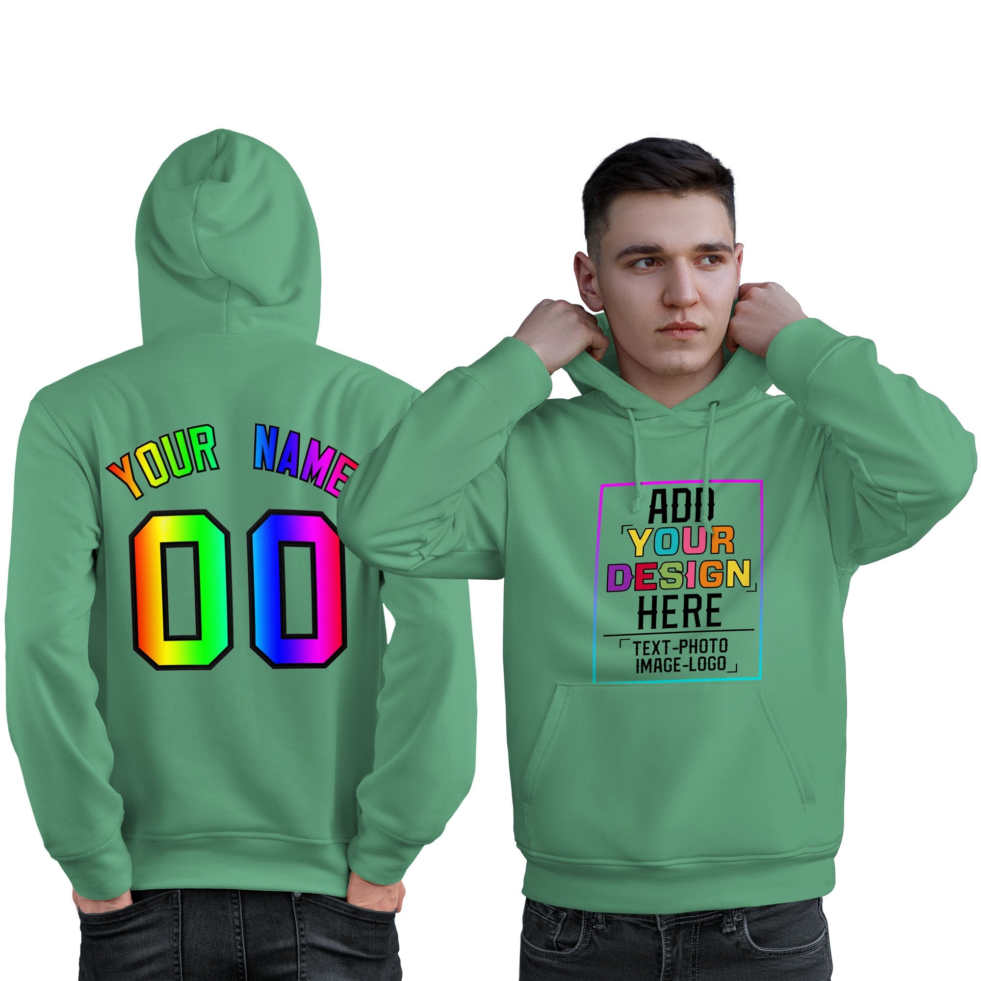 Sweat à capuche personnalisé vert personnalisé avec police de couleur arc-en-ciel