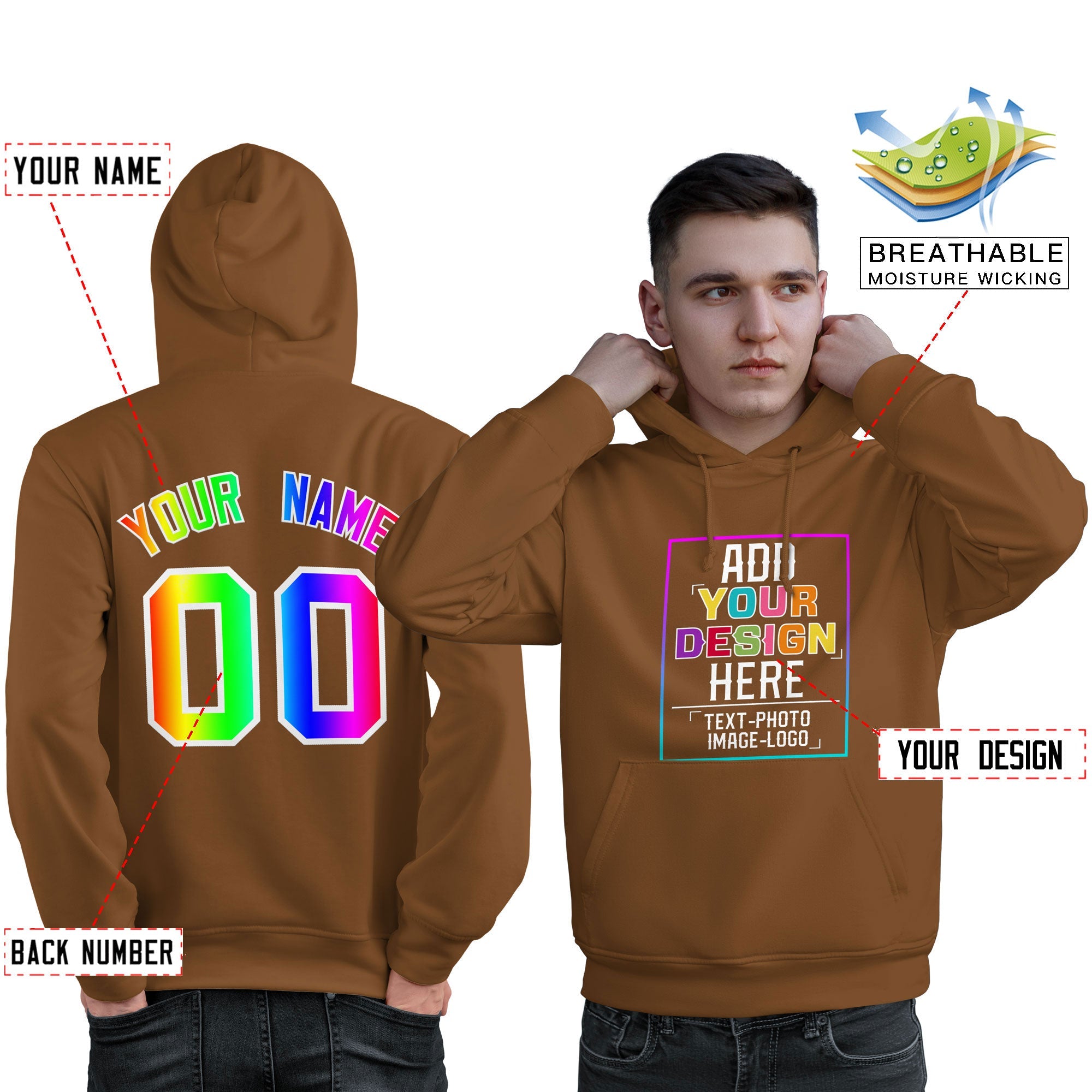 Custom Brown Personalized Rainbow Color Font Team Pullover Sweatshirt Hoodie