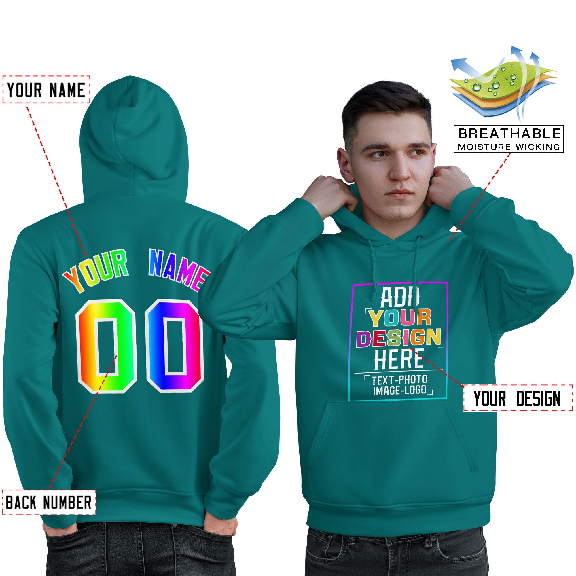 Custom Aqua Personnalisé Rainbow Color Font Team Pull à capuche