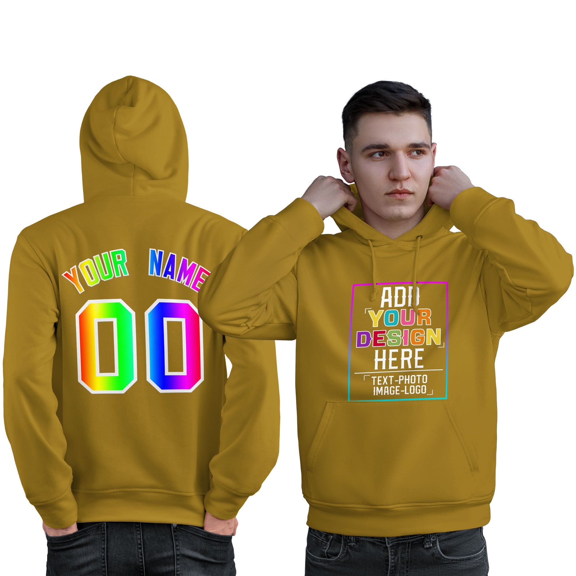 Custom Old Gold Personalized Rainbow Color Font Team Pullover Sweatshirt Hoodie