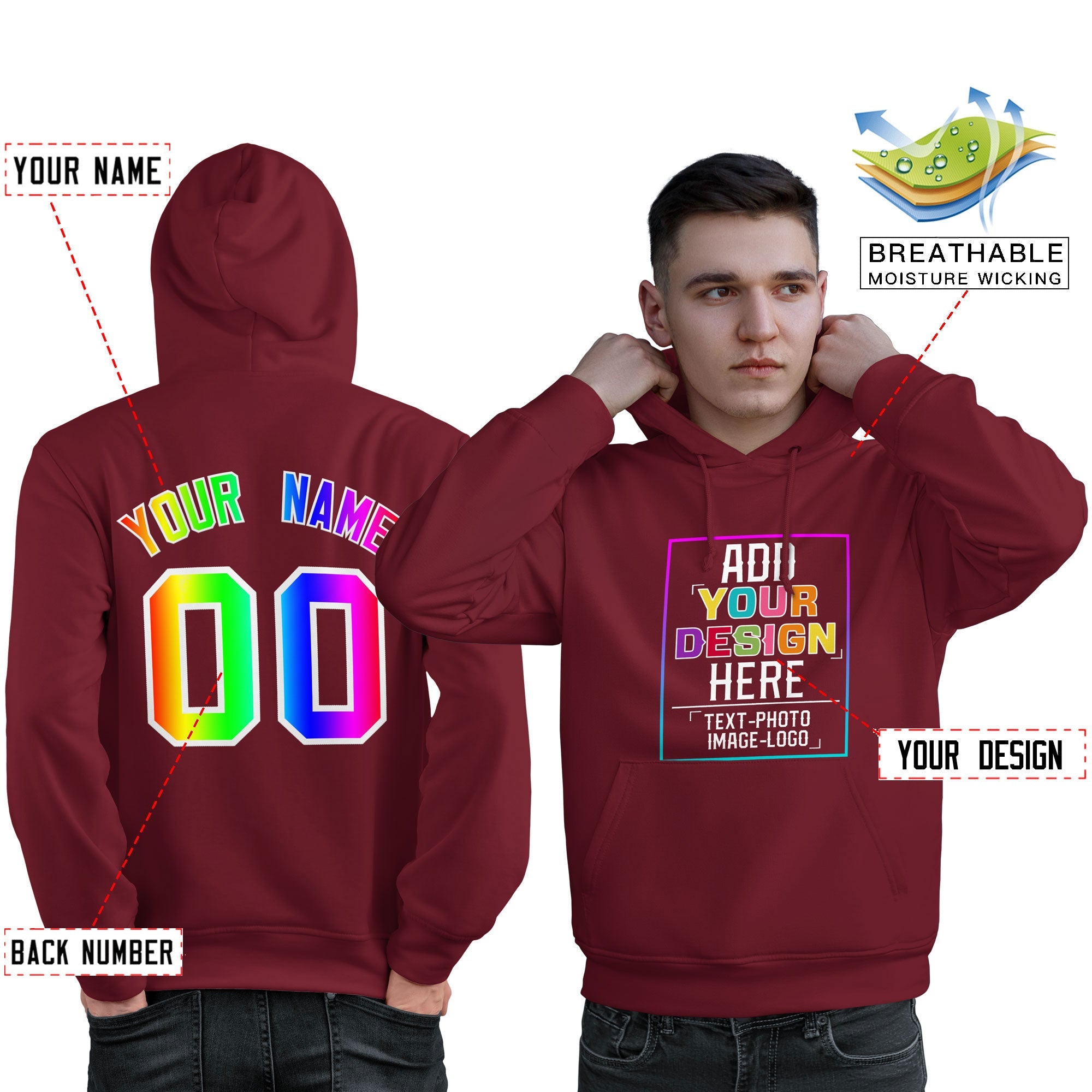 Custom Crimson Personalized Rainbow Color Font Team Pullover Sweatshirt Hoodie