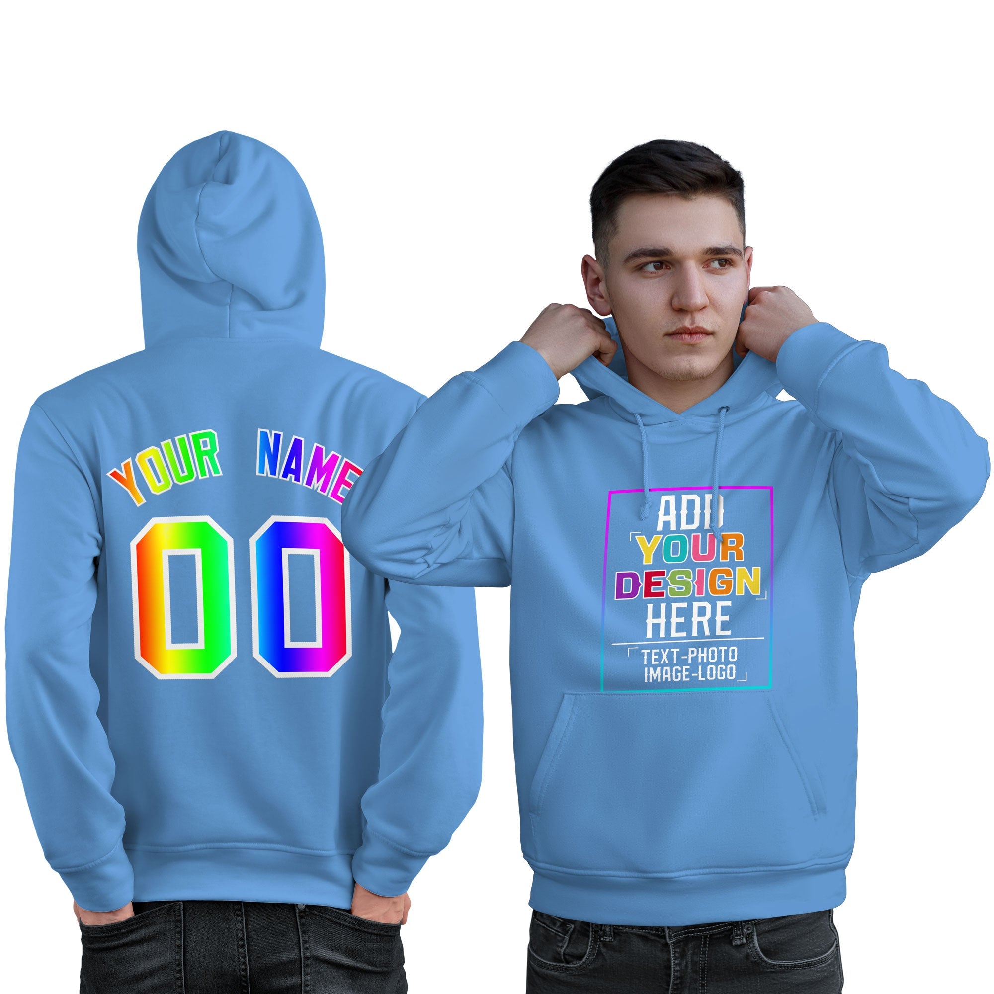 Custom Powder Blue Personalized Rainbow Color Font Team Pullover Sweatshirt Hoodie