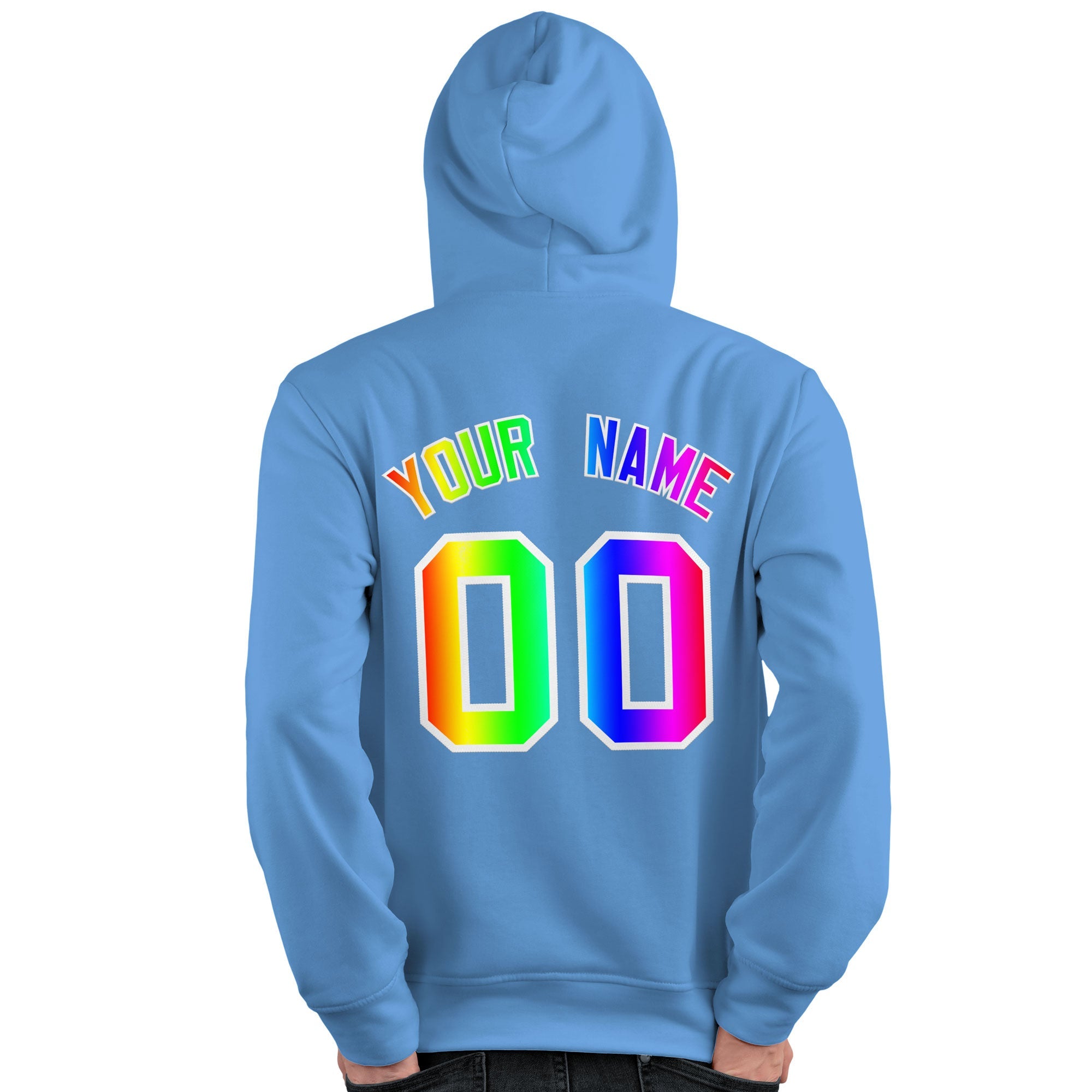 Custom Powder Blue Personalized Rainbow Color Font Team Pullover Sweatshirt Hoodie