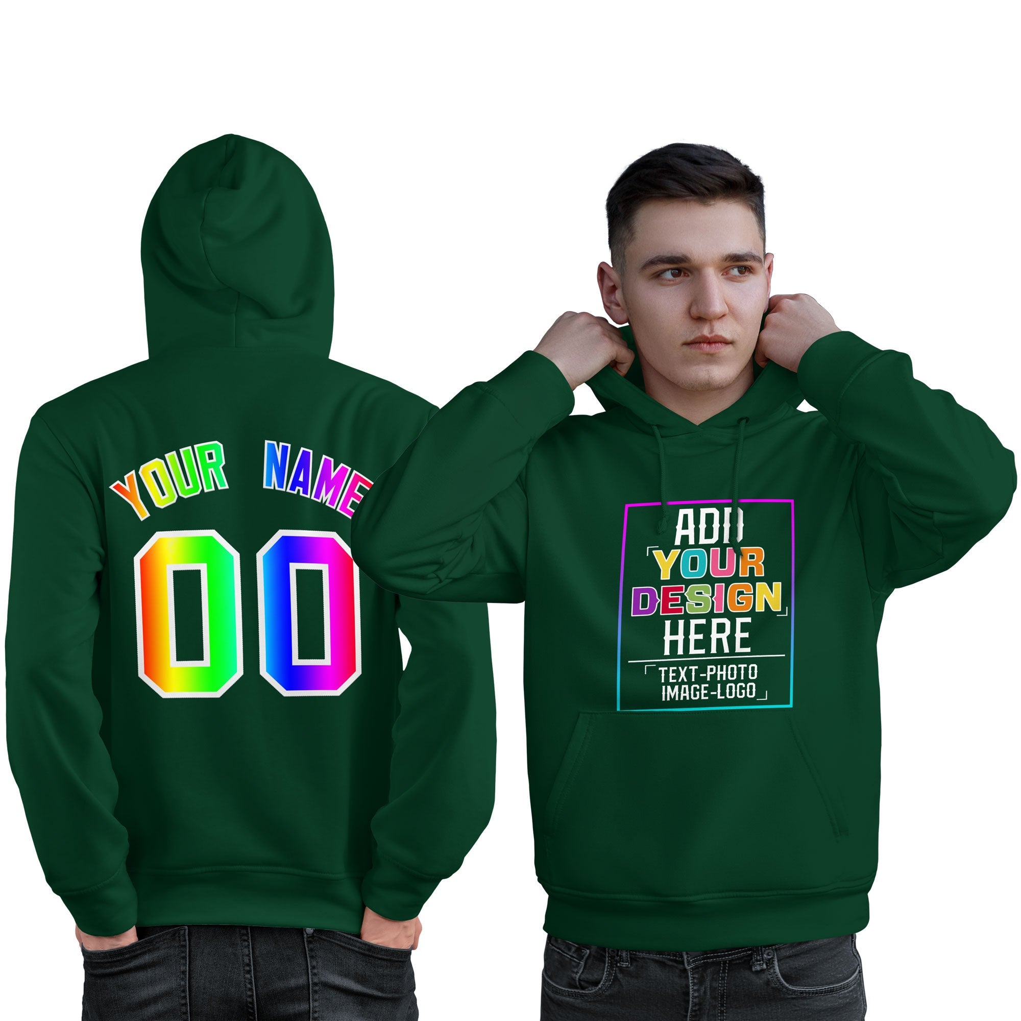 Sweat à capuche personnalisé vert personnalisé avec police de couleur arc-en-ciel