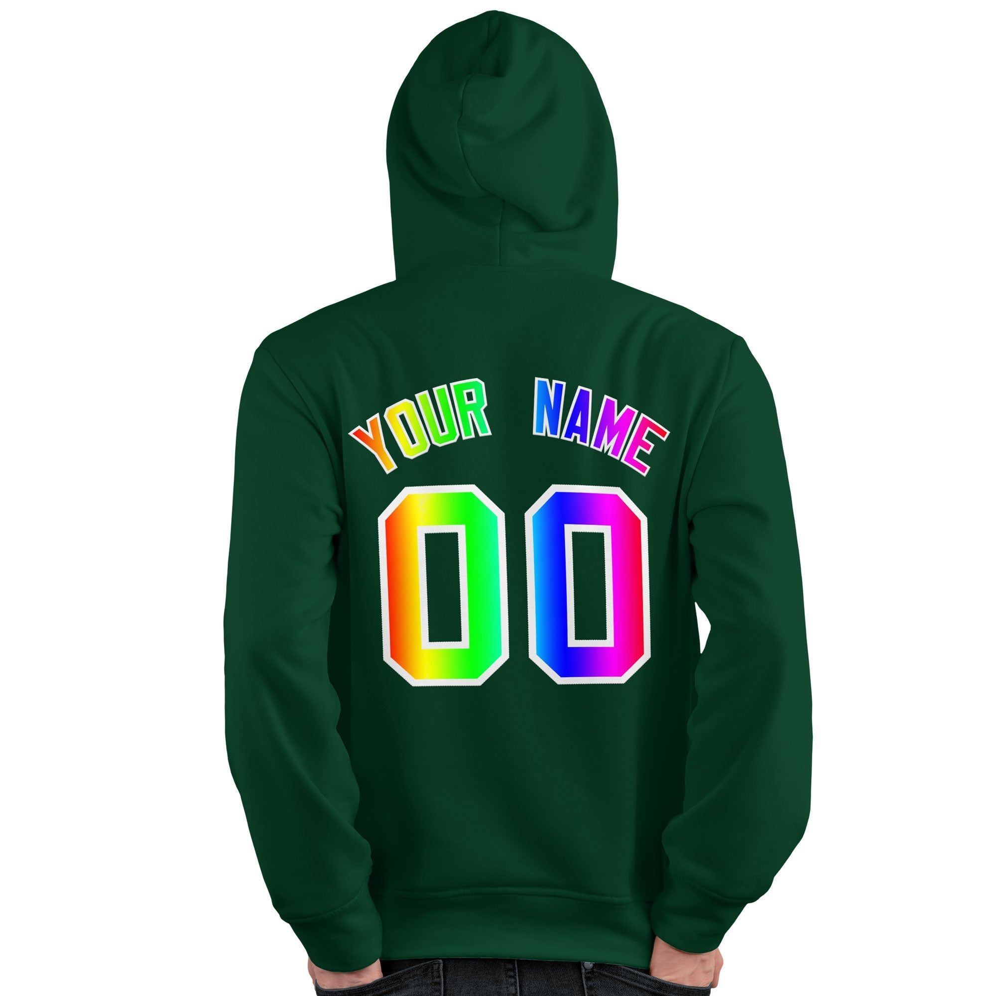 Sweat à capuche personnalisé vert personnalisé avec police de couleur arc-en-ciel