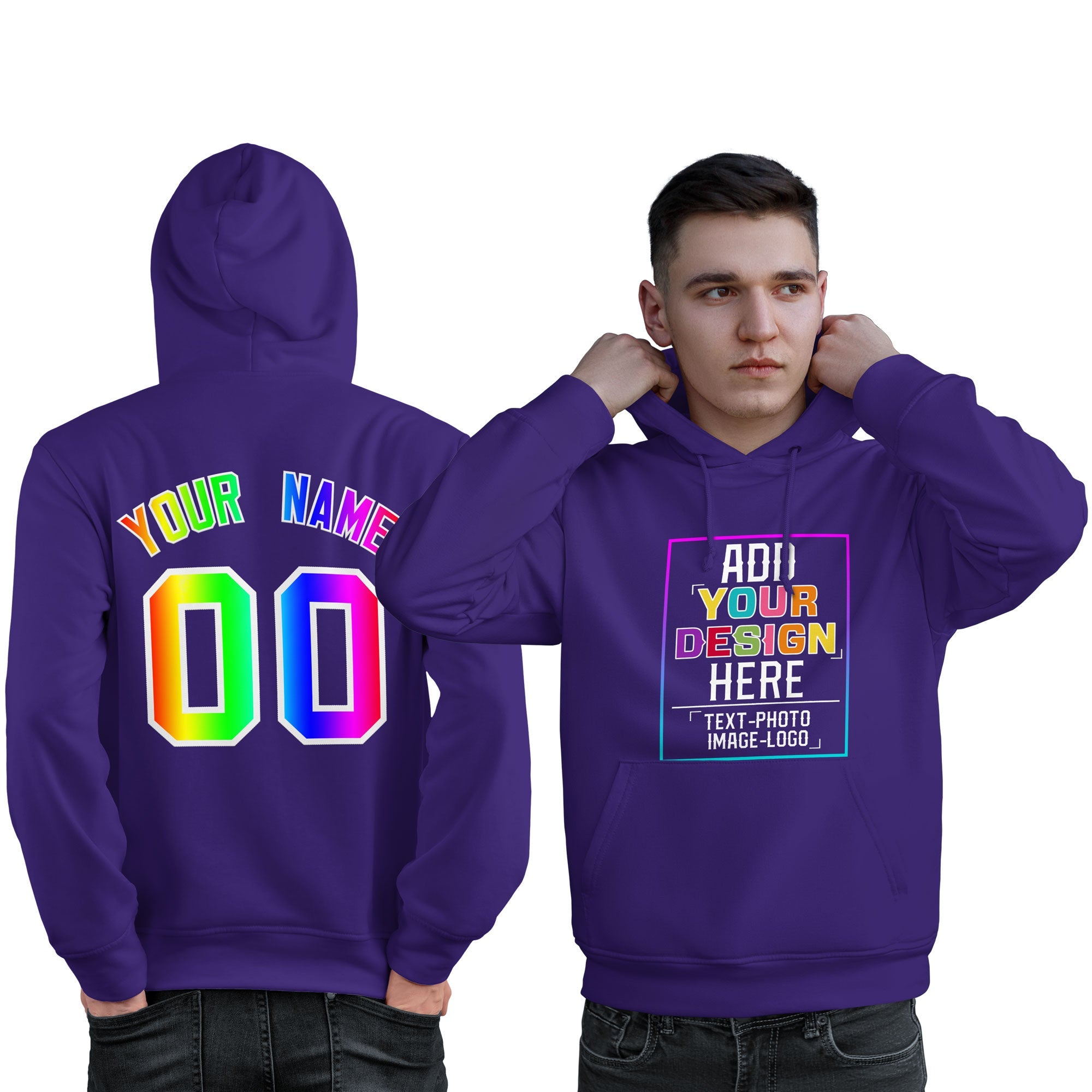 Sweat à capuche personnalisé violet personnalisé avec police de couleur arc-en-ciel