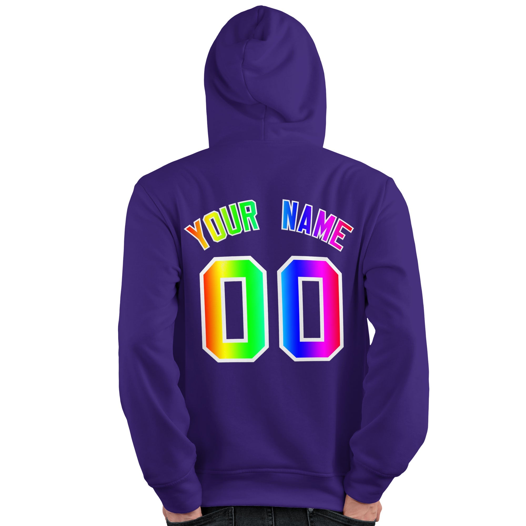 Sweat à capuche personnalisé violet personnalisé avec police de couleur arc-en-ciel