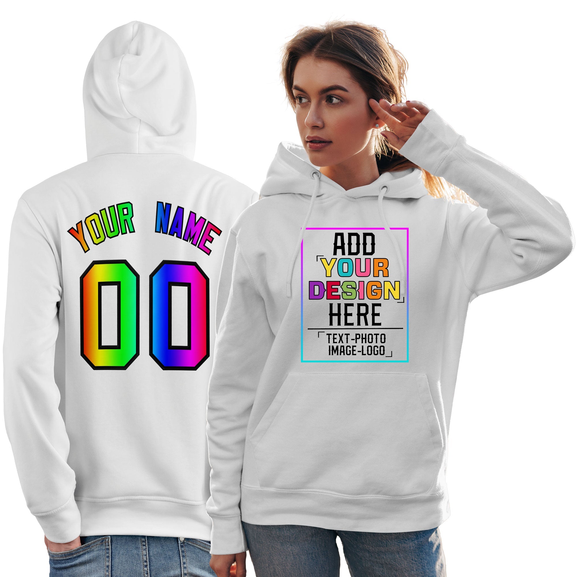 Sweat-shirt à capuche blanc personnalisé avec police de couleur arc-en-ciel