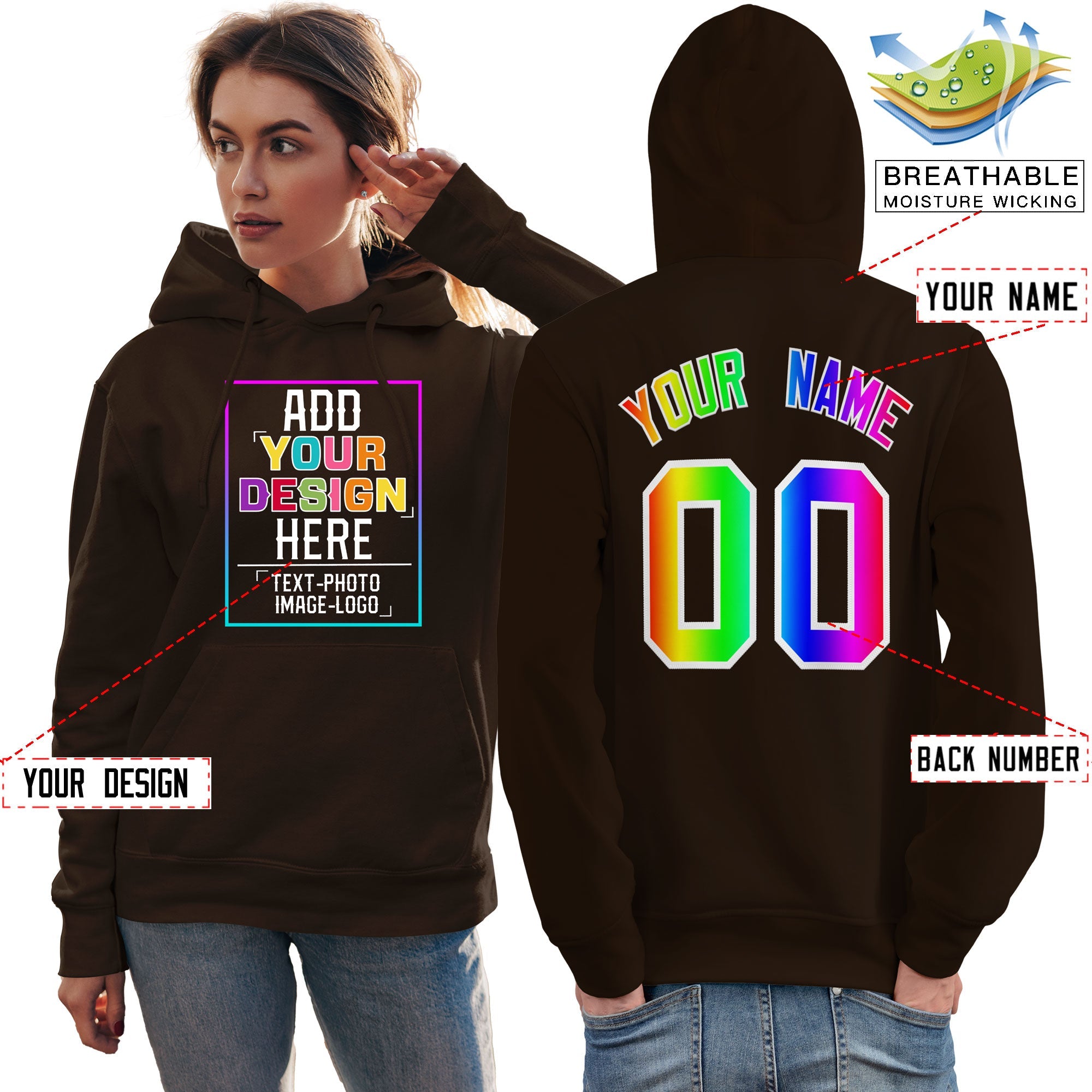 Custom Brown Personalized Rainbow Color Font Team Pullover Sweatshirt Hoodie