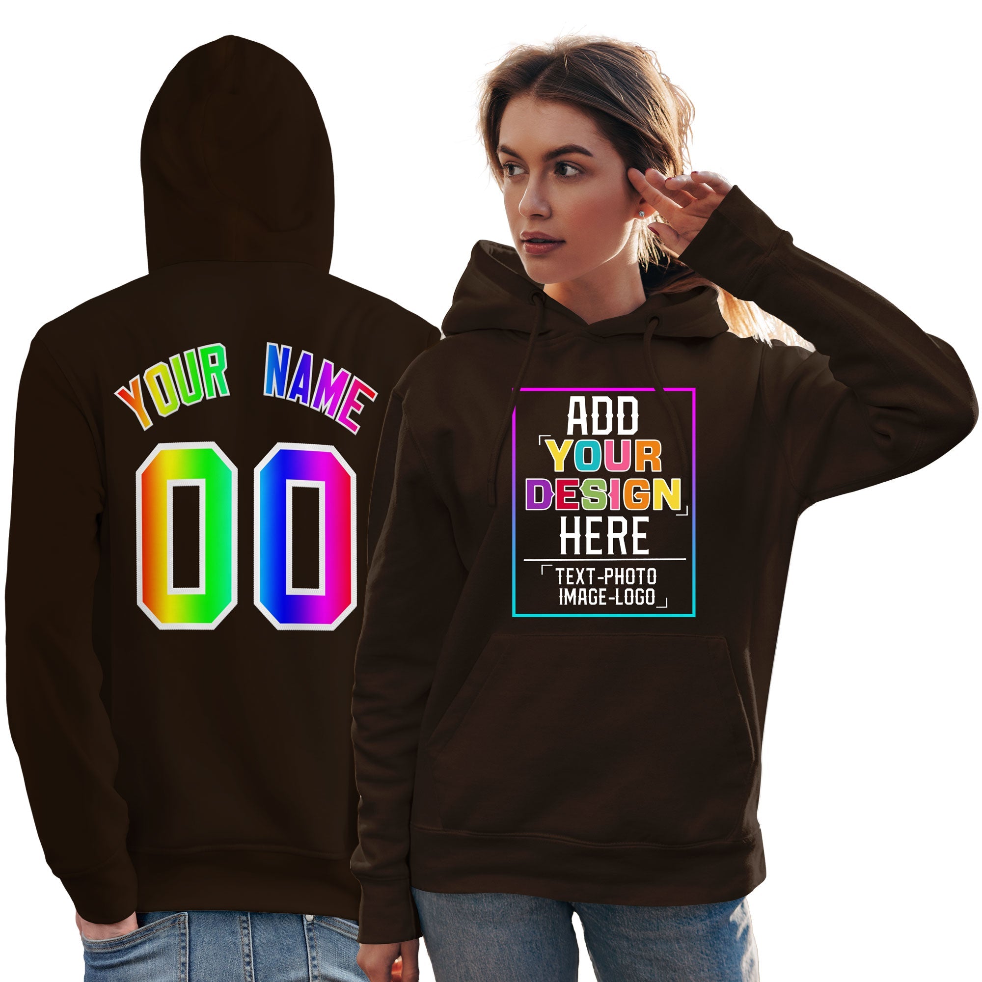 Custom Brown Personalized Rainbow Color Font Team Pullover Sweatshirt Hoodie