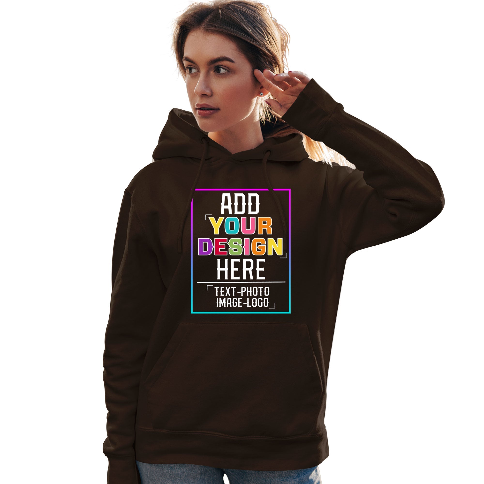 Sweat-shirt à capuche personnalisé marron avec police de couleur arc-en-ciel