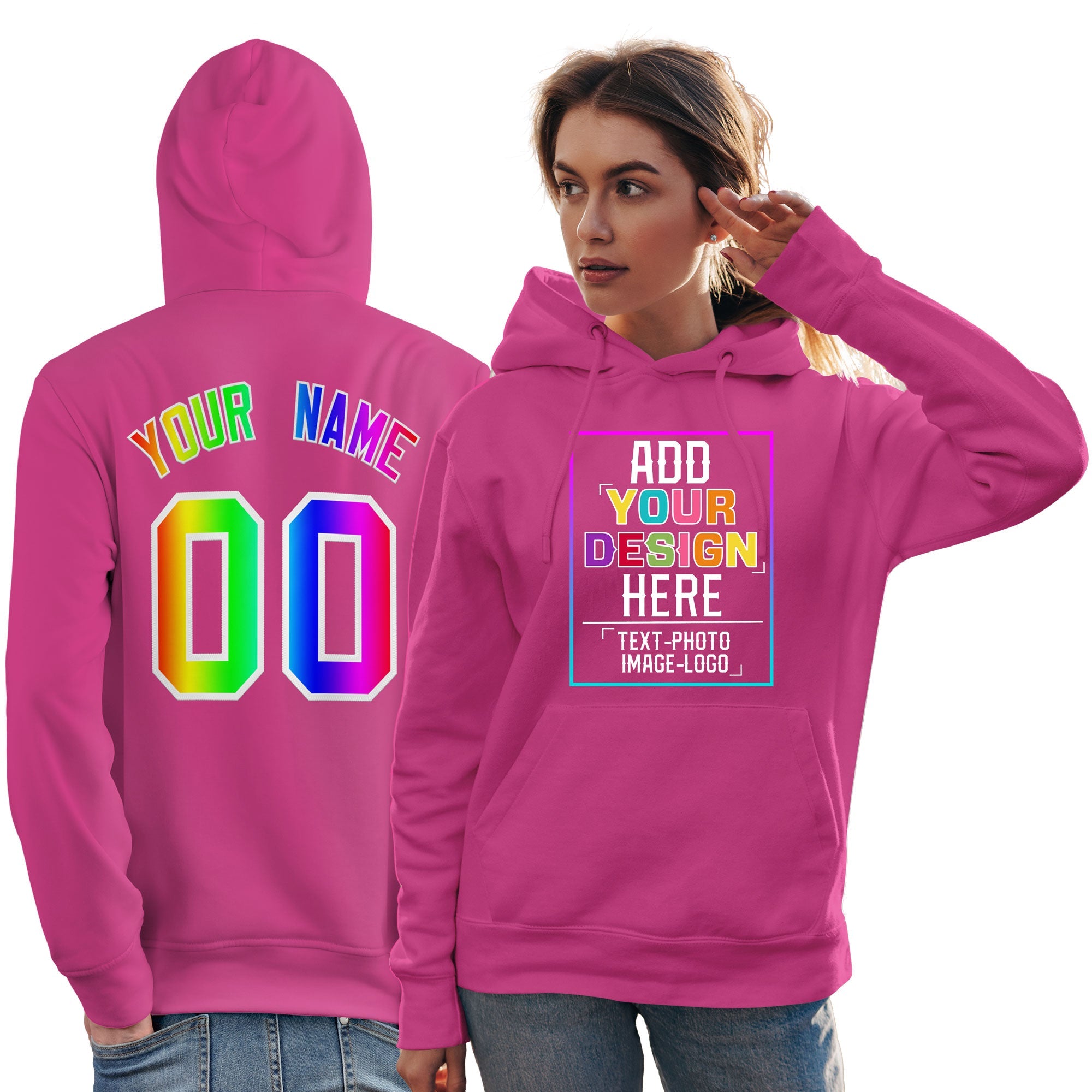 Sweat-shirt à capuche rose personnalisé avec police de couleur arc-en-ciel