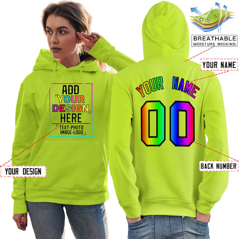 Custom Neon Green Personalized Rainbow Color Font Team Pullover Sweatshirt Hoodie