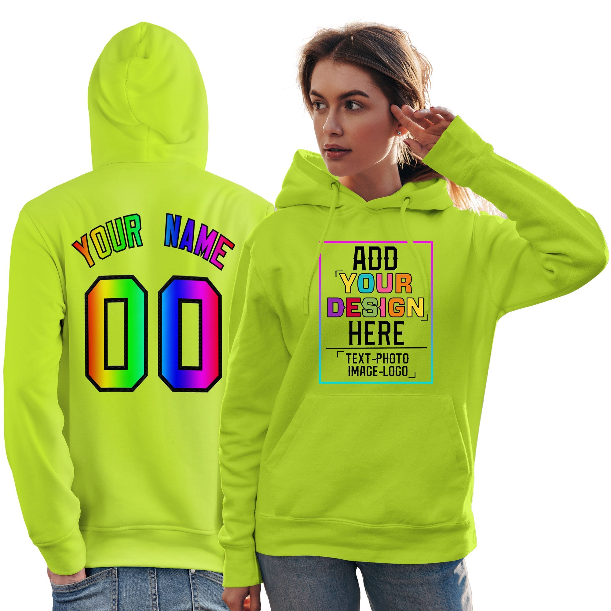 Sweat à capuche personnalisé avec police de couleur arc-en-ciel vert fluo personnalisé