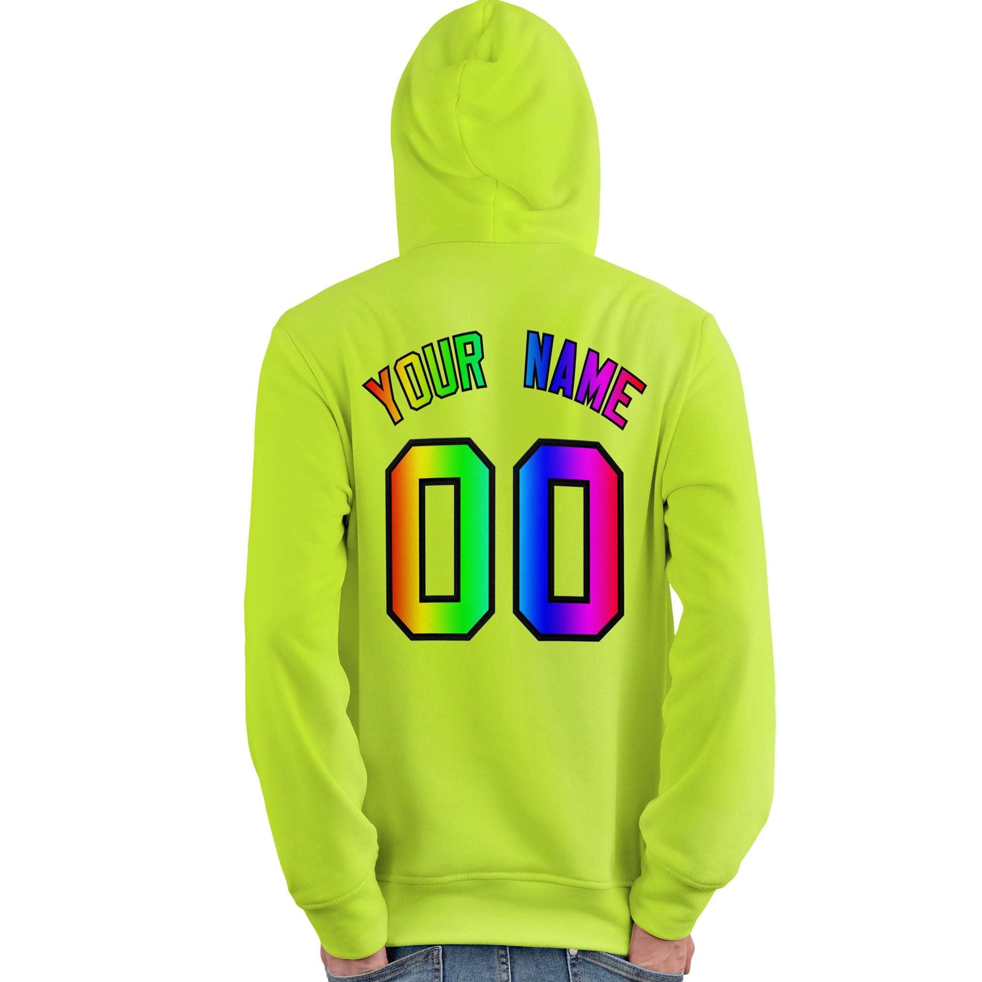 Custom Neon Green Personalized Rainbow Color Font Team Pullover Sweatshirt Hoodie