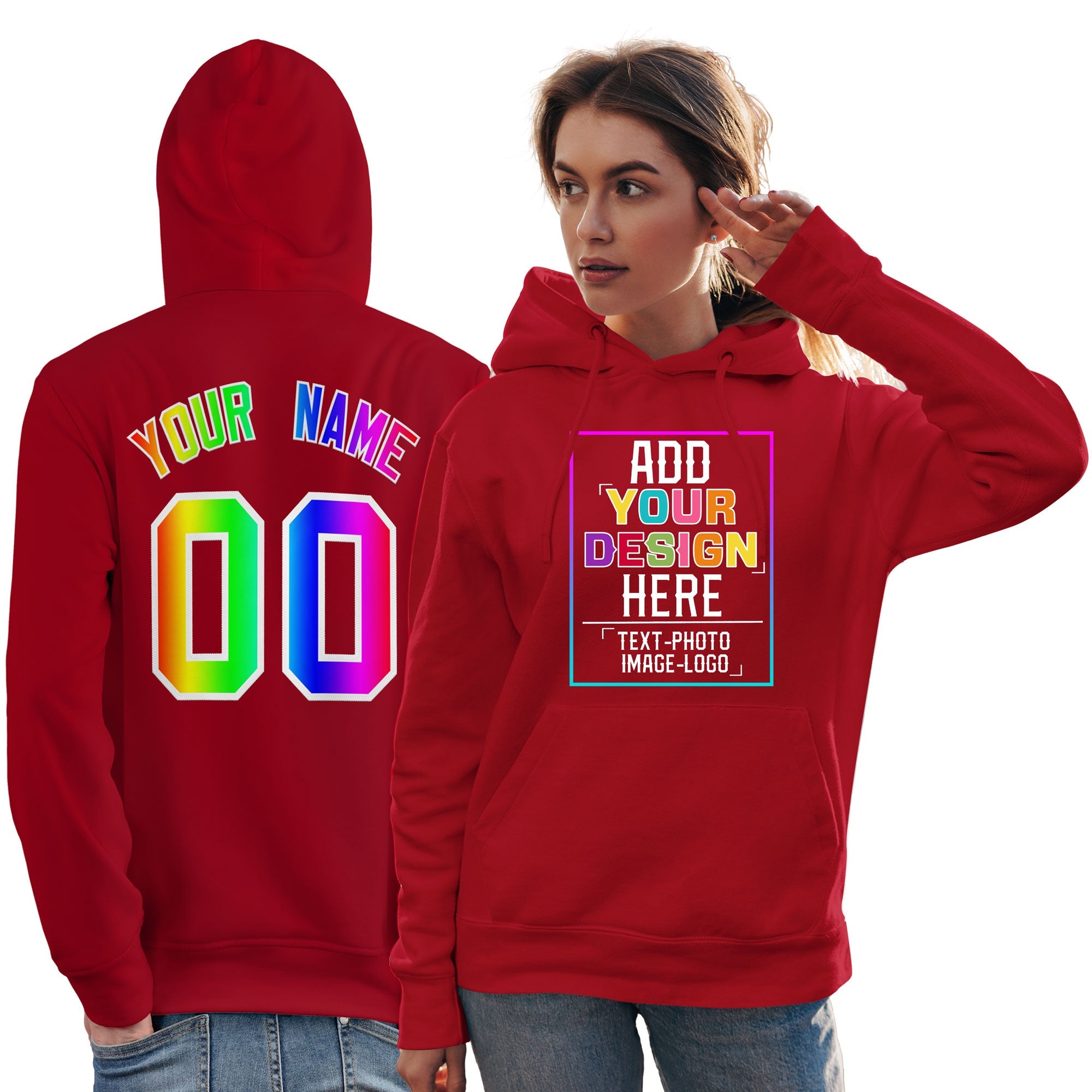 Sweat à capuche personnalisé rouge personnalisé avec police de couleur arc-en-ciel