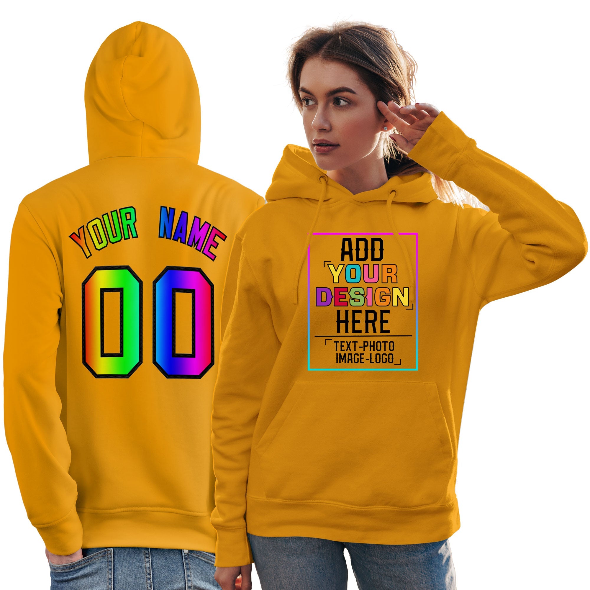 Custom Gold Personalized Rainbow Color Font Team Pullover Sweatshirt Hoodie