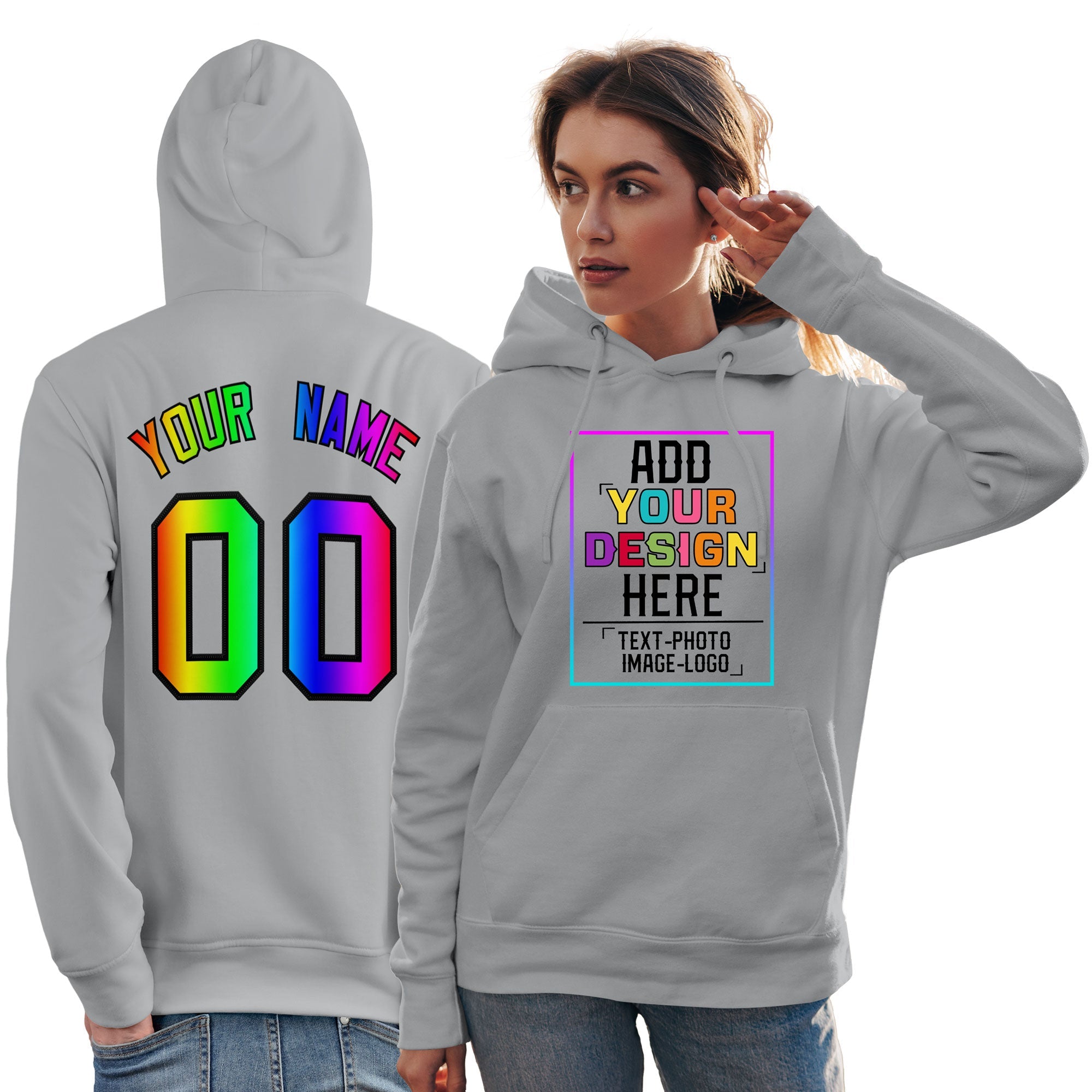 Custom Gray Personalized Rainbow Color Font Team Pullover Sweatshirt Hoodie