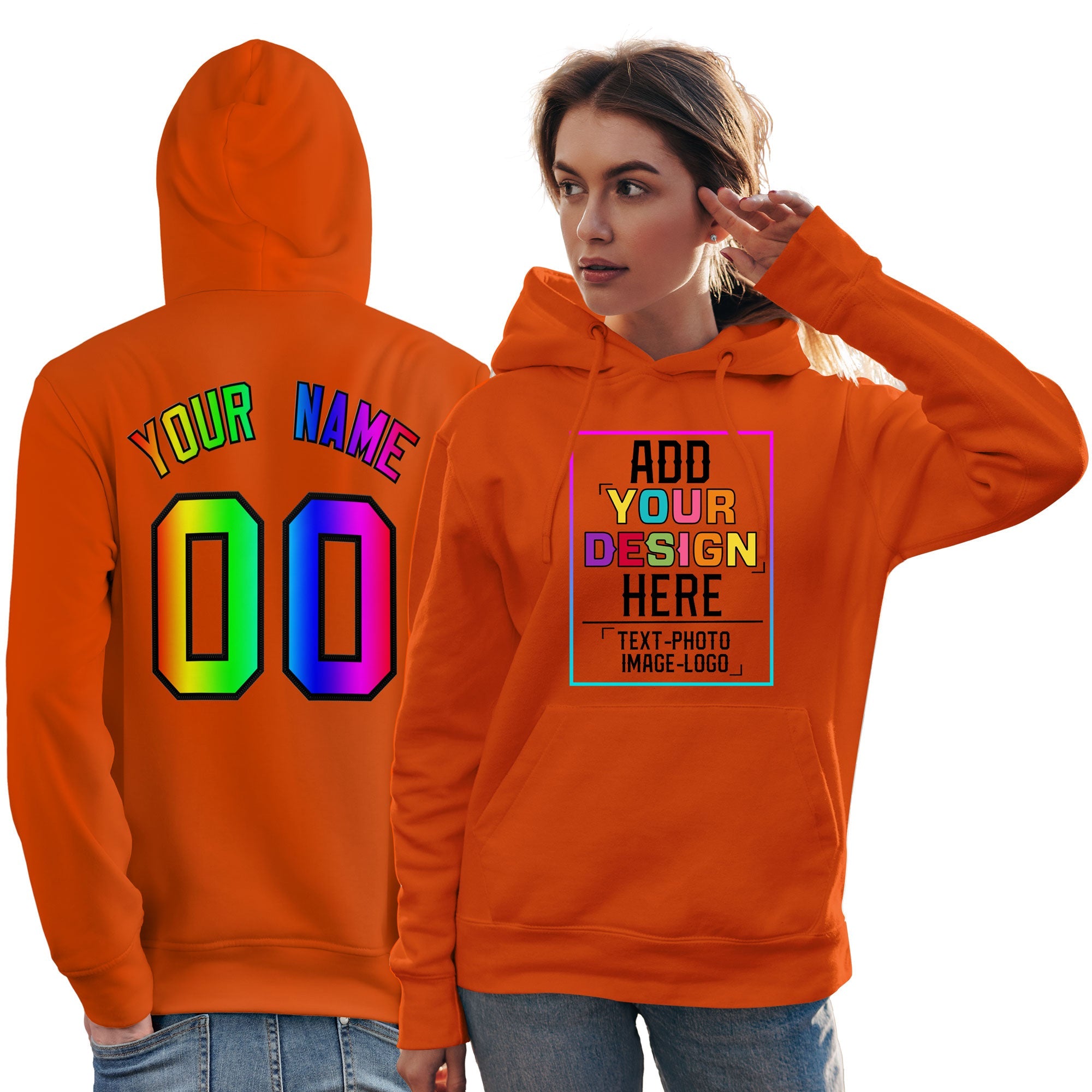 Custom Orange Personalized Rainbow Color Font Team Pullover Sweatshirt Hoodie