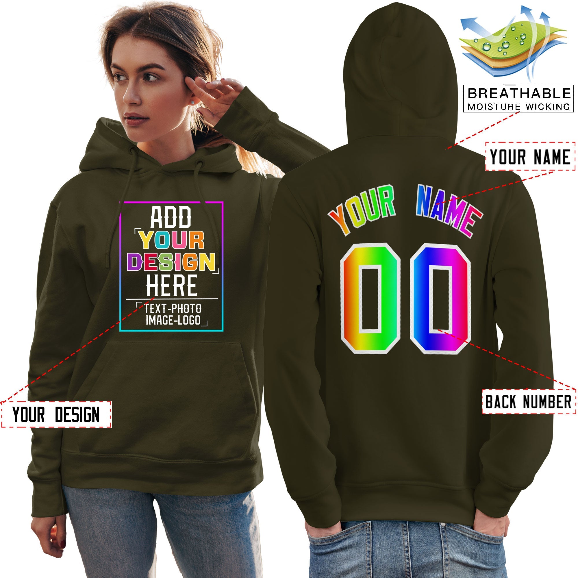 Custom Olive Personalized Rainbow Color Font Team Pullover Sweatshirt Hoodie