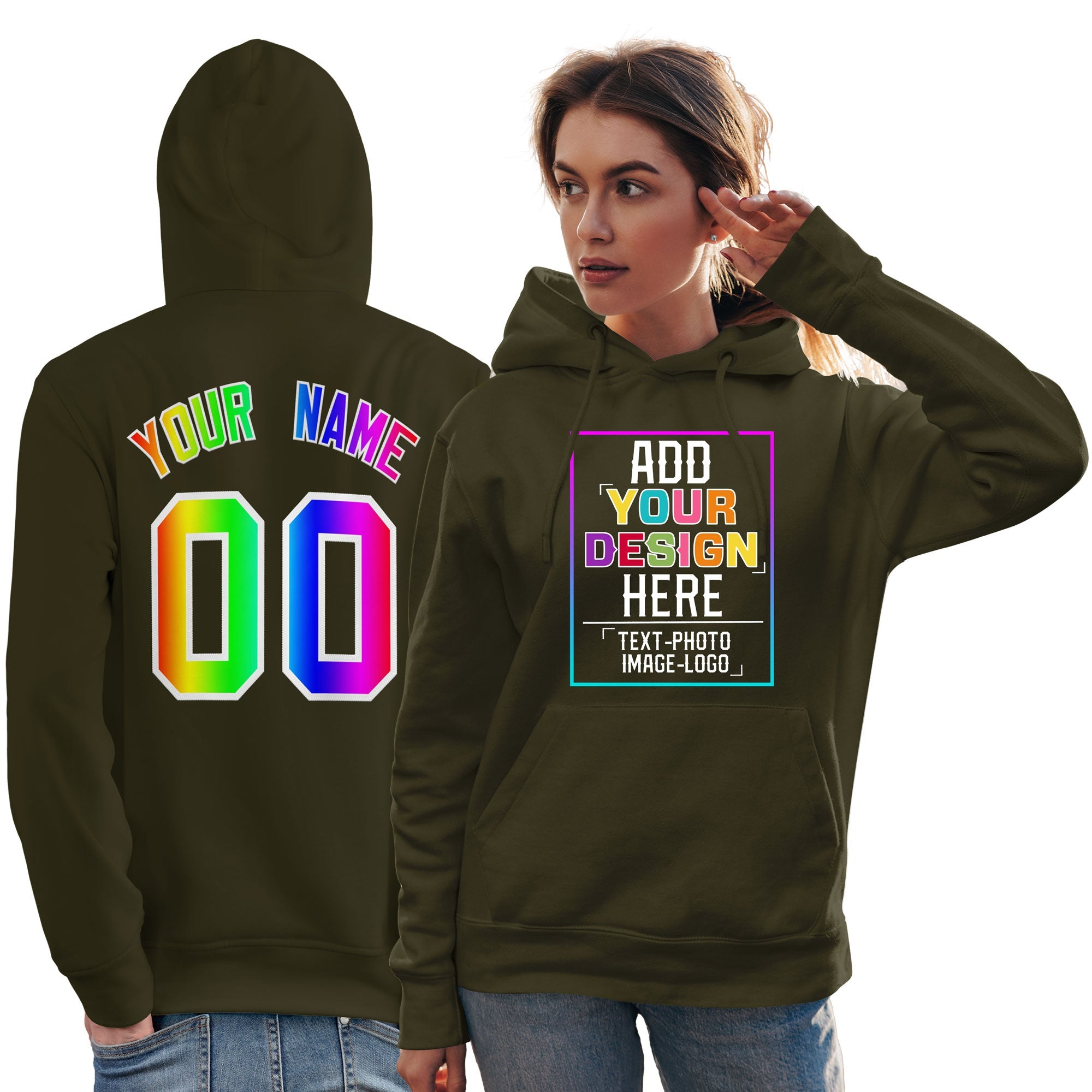 Custom Olive Personalized Rainbow Color Font Team Pullover Sweatshirt Hoodie