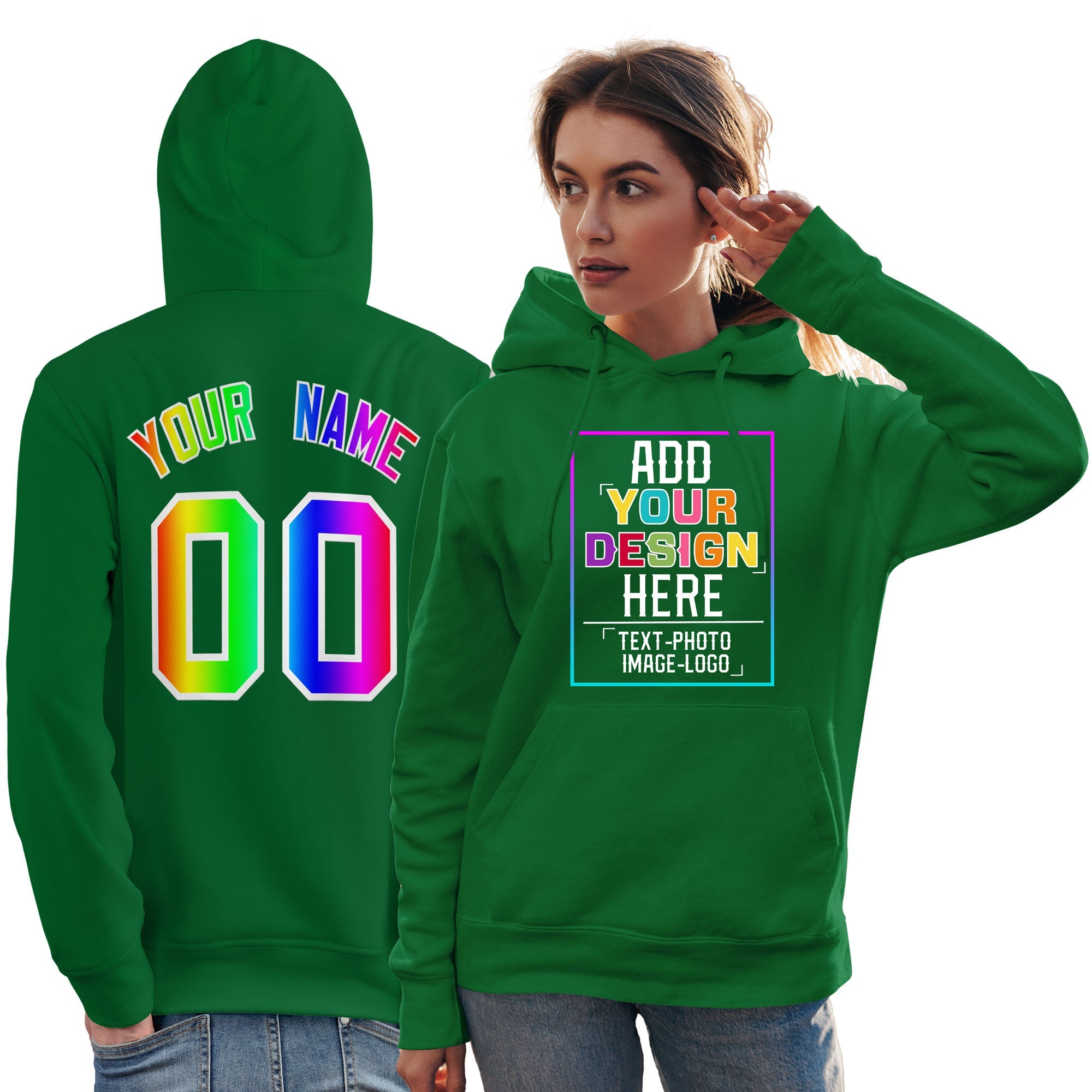 Custom Kelly Green Personalized Rainbow Color Font Team Pullover Sweatshirt Hoodie