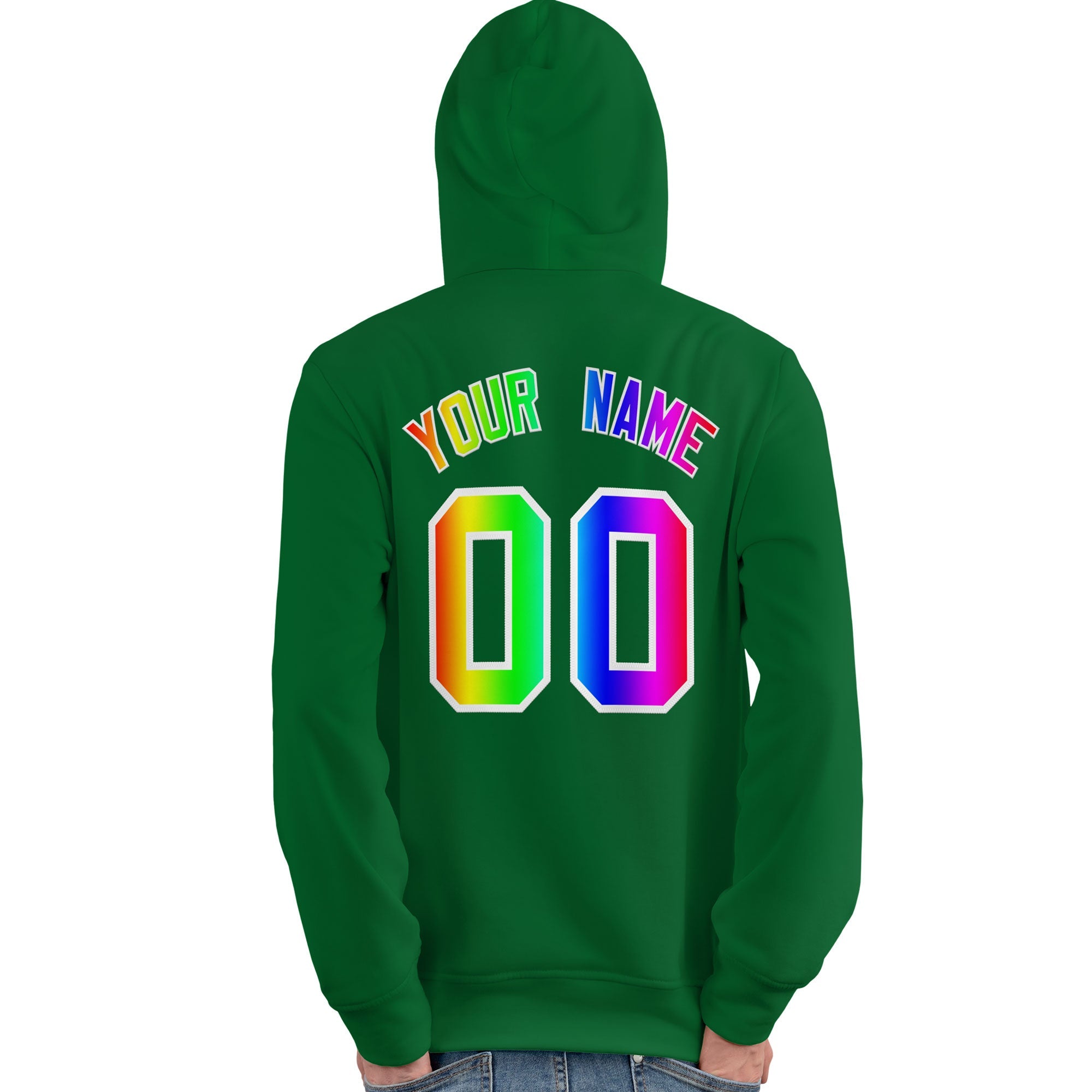 Custom Kelly Green Personalized Rainbow Color Font Team Pullover Sweatshirt Hoodie