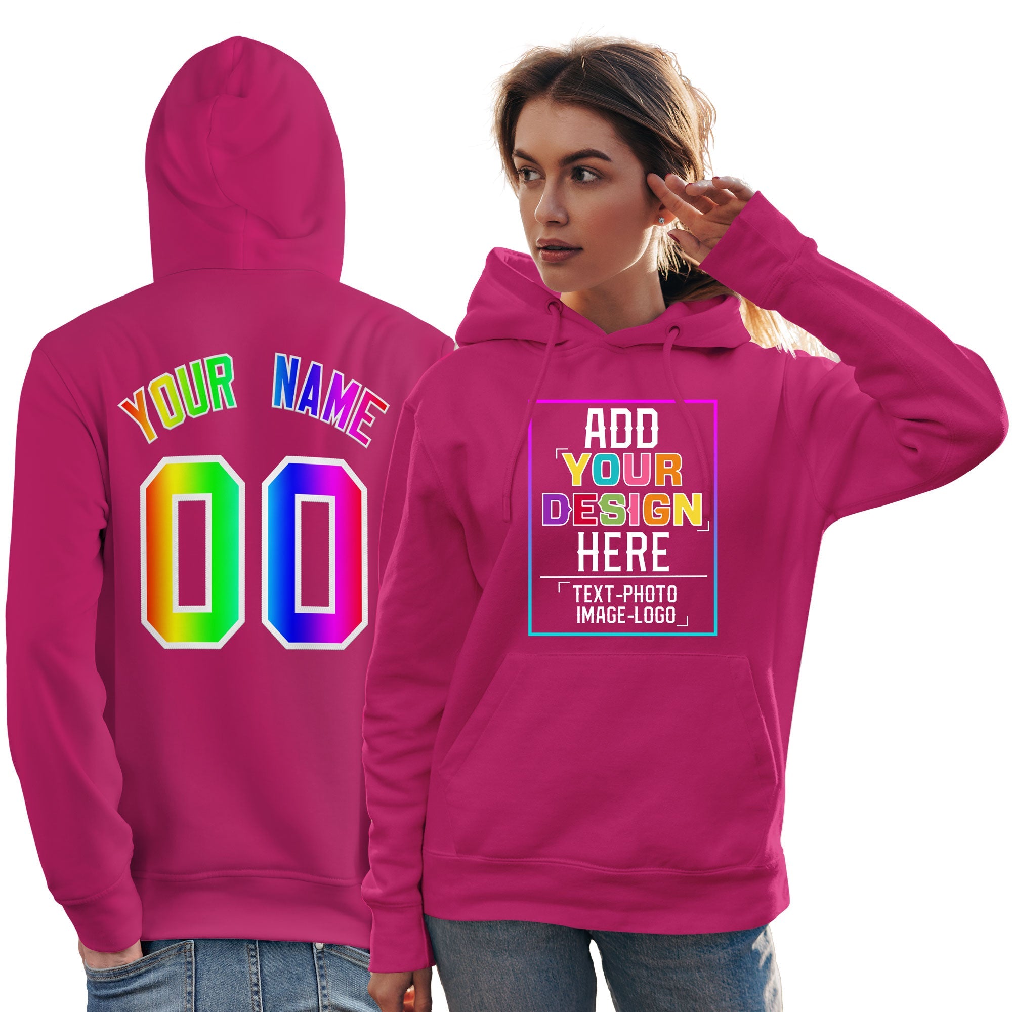 Sweat-shirt à capuche rose personnalisé avec police de couleur arc-en-ciel