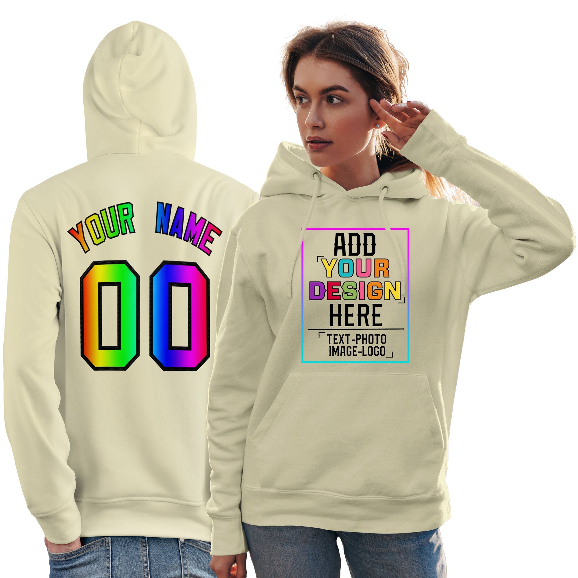 Custom Cream Personalized Rainbow Color Font Team Pullover Sweatshirt Hoodie