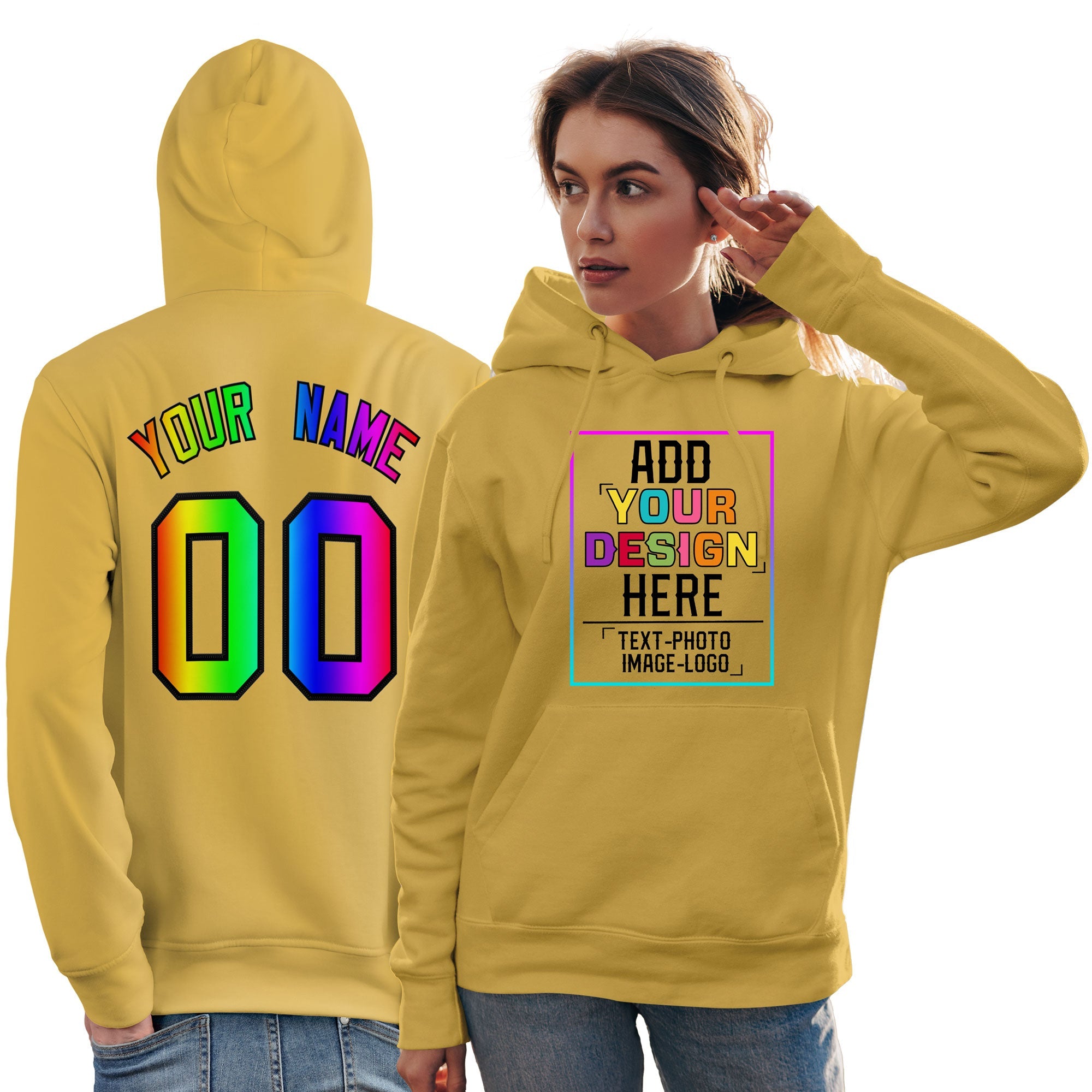 Sweat-shirt à capuche jaune personnalisé avec police de couleur arc-en-ciel