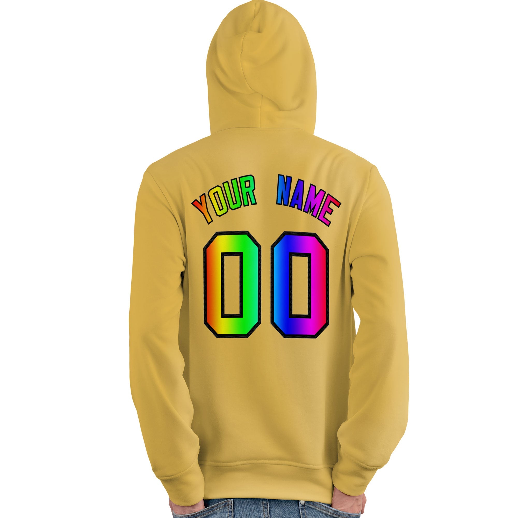 Sweat-shirt à capuche jaune personnalisé avec police de couleur arc-en-ciel