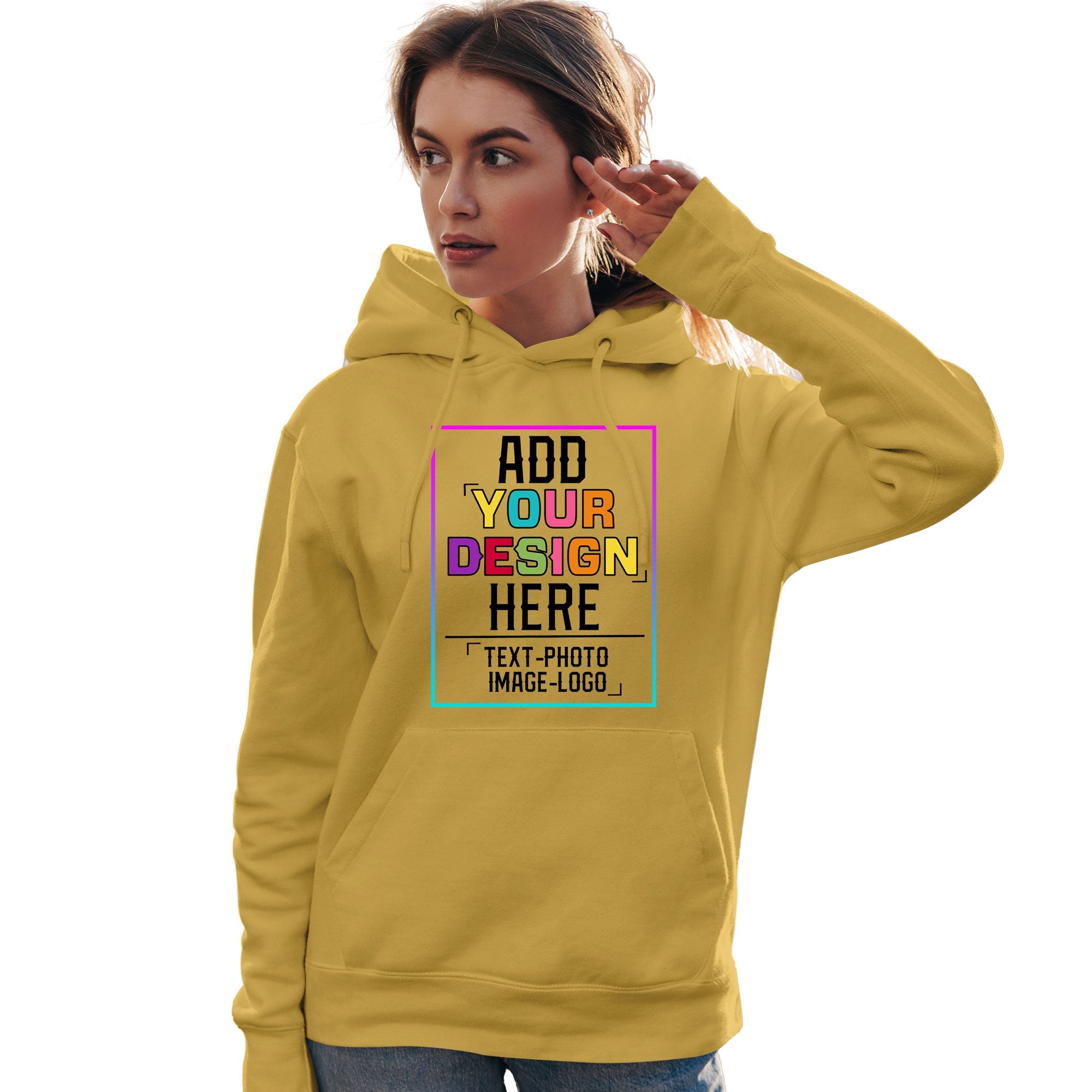 Sweat-shirt à capuche jaune personnalisé avec police de couleur arc-en-ciel