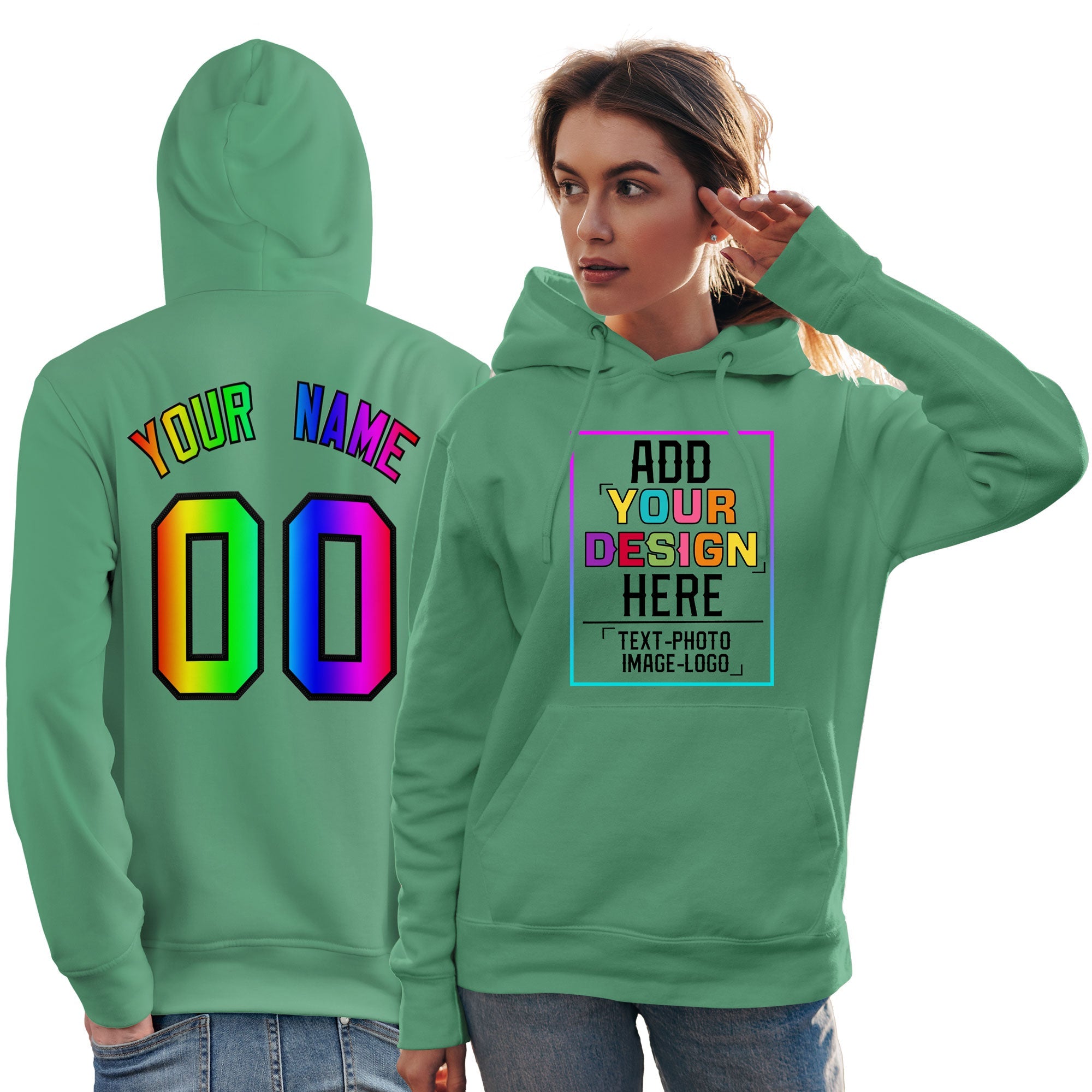 Sweat à capuche personnalisé vert personnalisé avec police de couleur arc-en-ciel