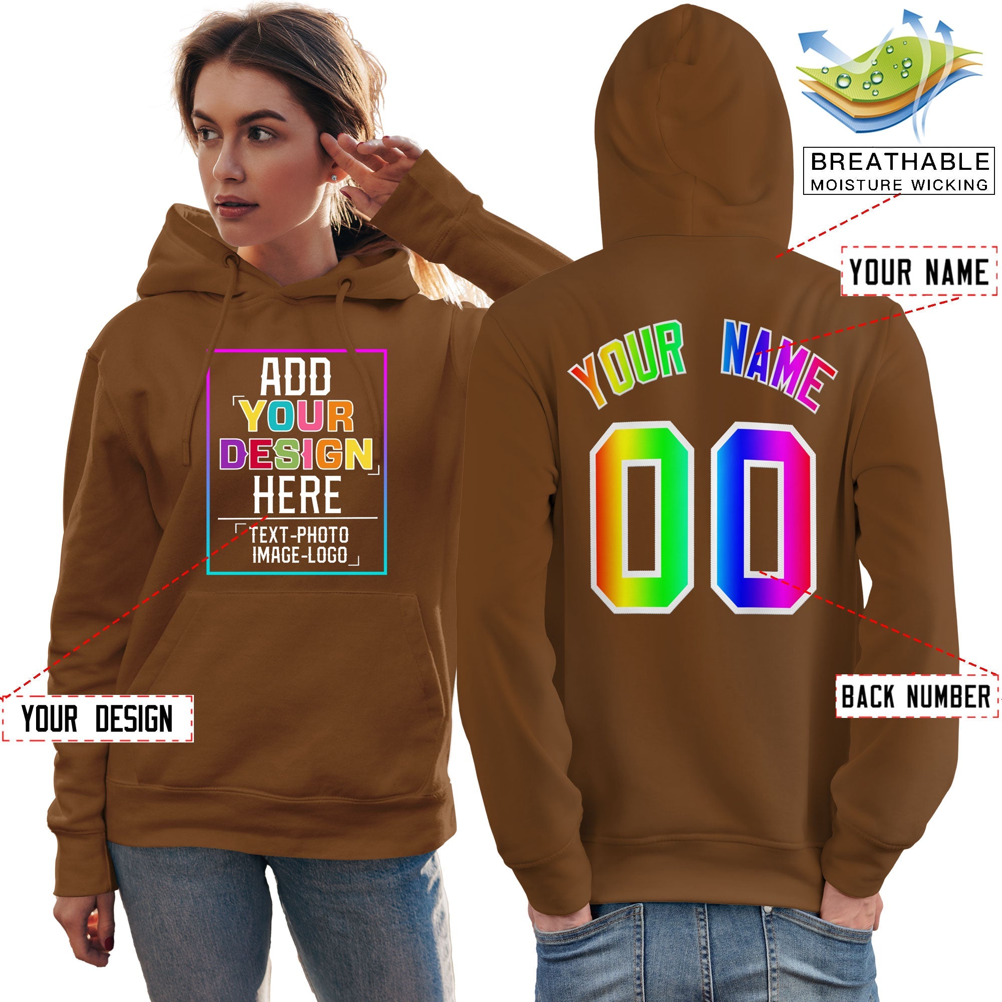 Sweat-shirt à capuche personnalisé marron avec police de couleur arc-en-ciel