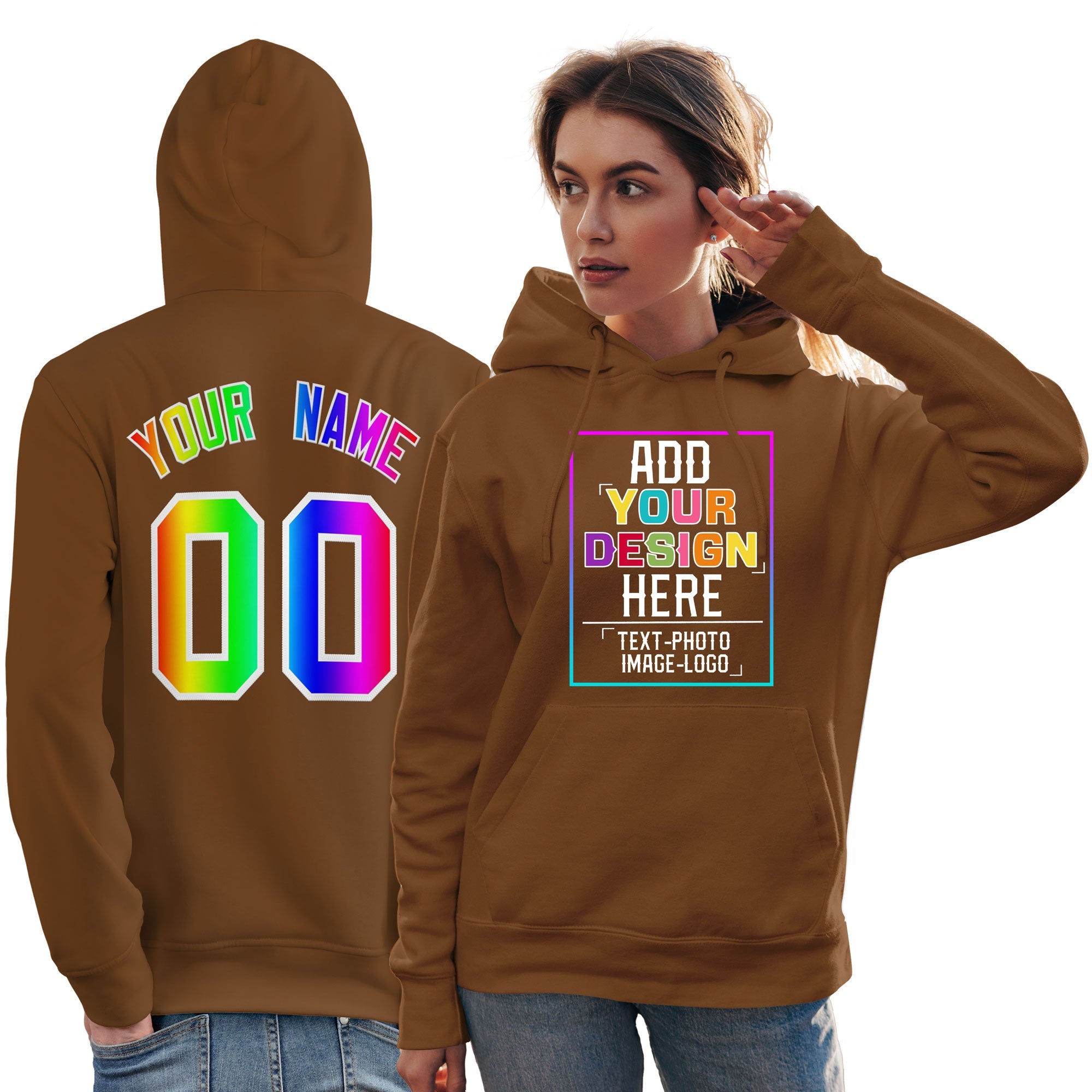 Custom Brown Personalized Rainbow Color Font Team Pullover Sweatshirt Hoodie