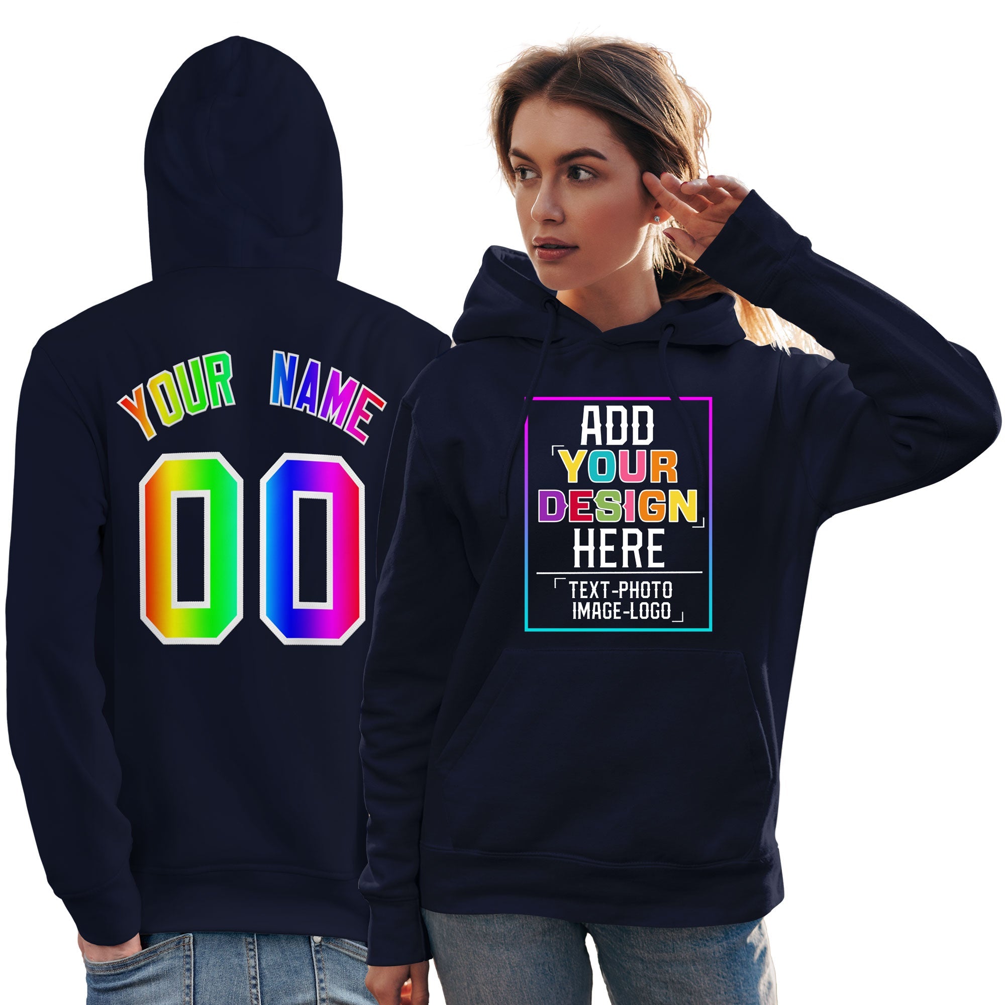 Sweat à capuche personnalisé bleu marine avec police de couleur arc-en-ciel