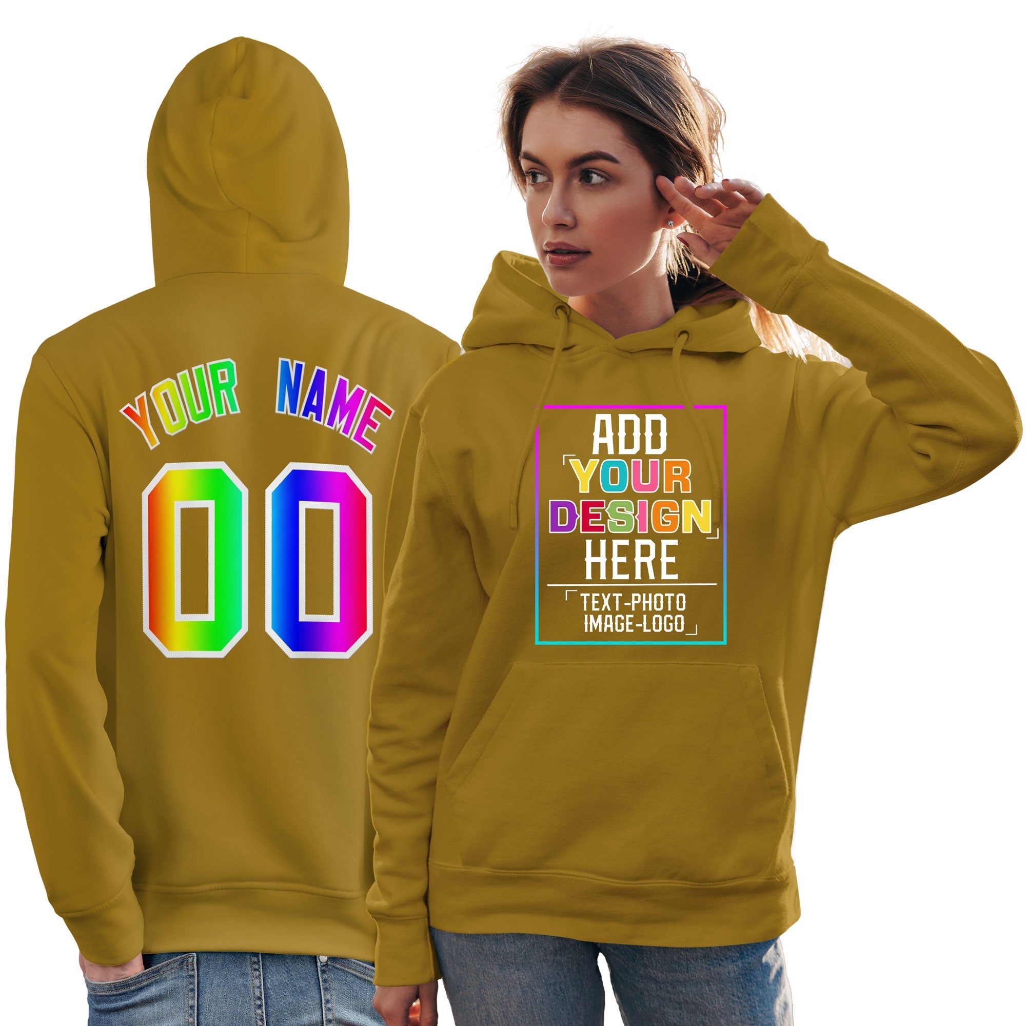 Custom Old Gold Personalized Rainbow Color Font Team Pullover Sweatshirt Hoodie