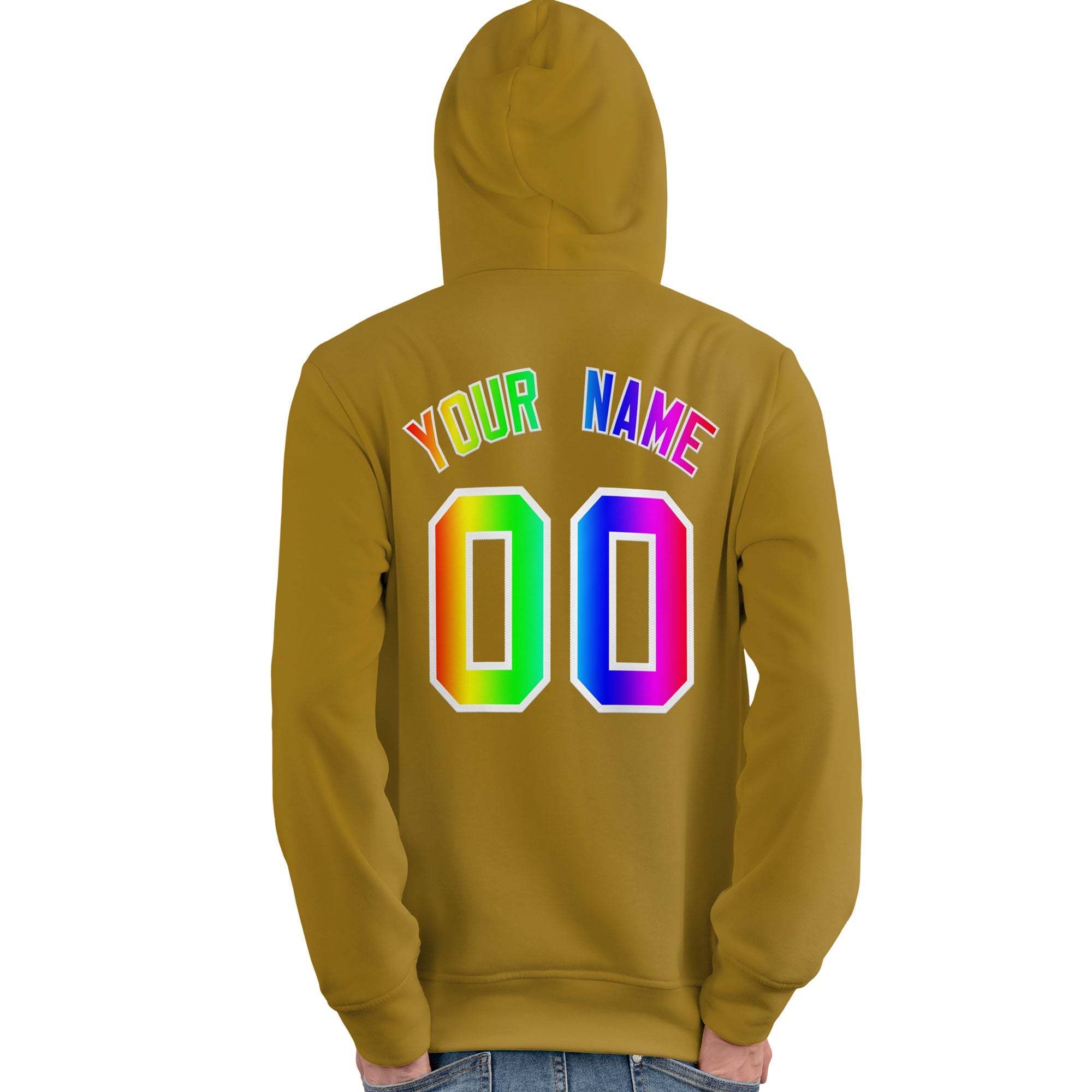 Custom Old Gold Personalized Rainbow Color Font Team Pullover Sweatshirt Hoodie