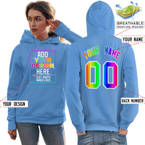 Custom Powder Blue Personalized Rainbow Color Font Team Pullover Sweatshirt Hoodie