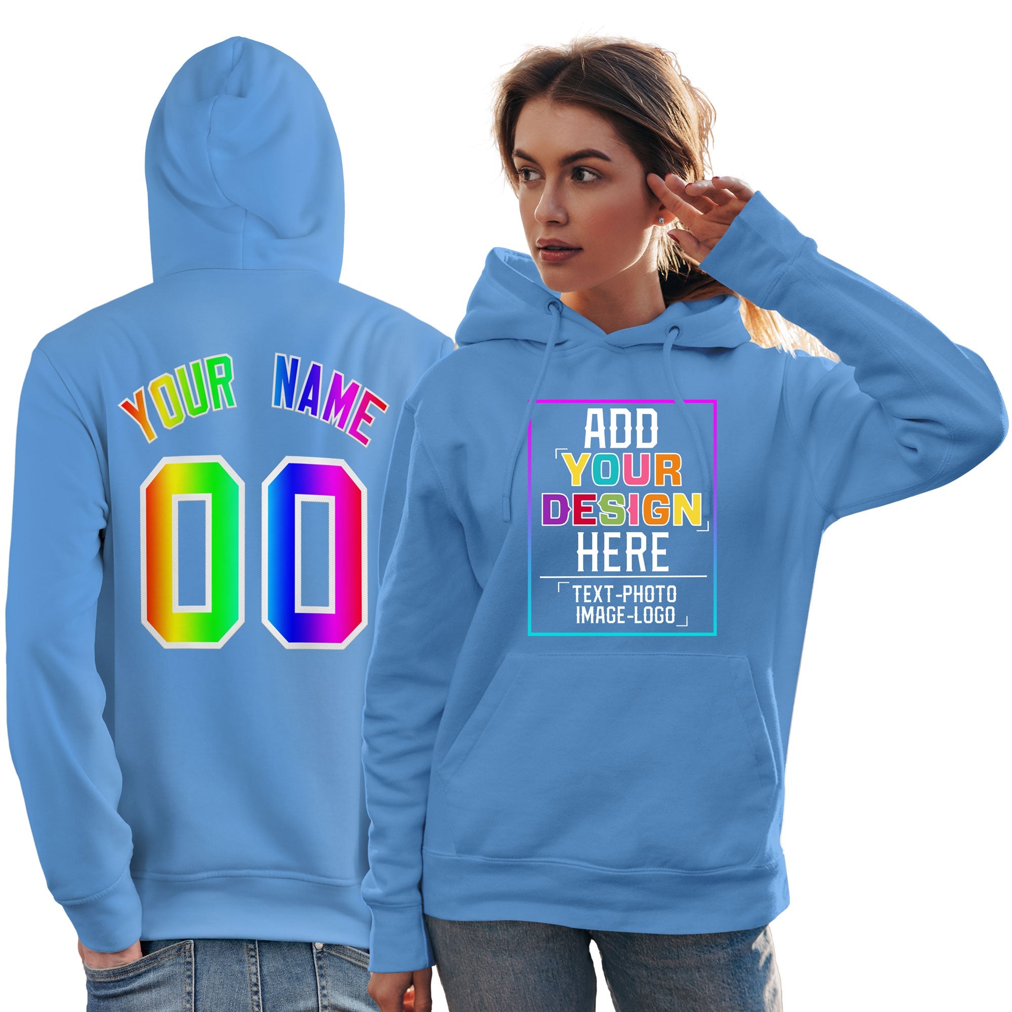 Custom Powder Blue Personalized Rainbow Color Font Team Pullover Sweatshirt Hoodie