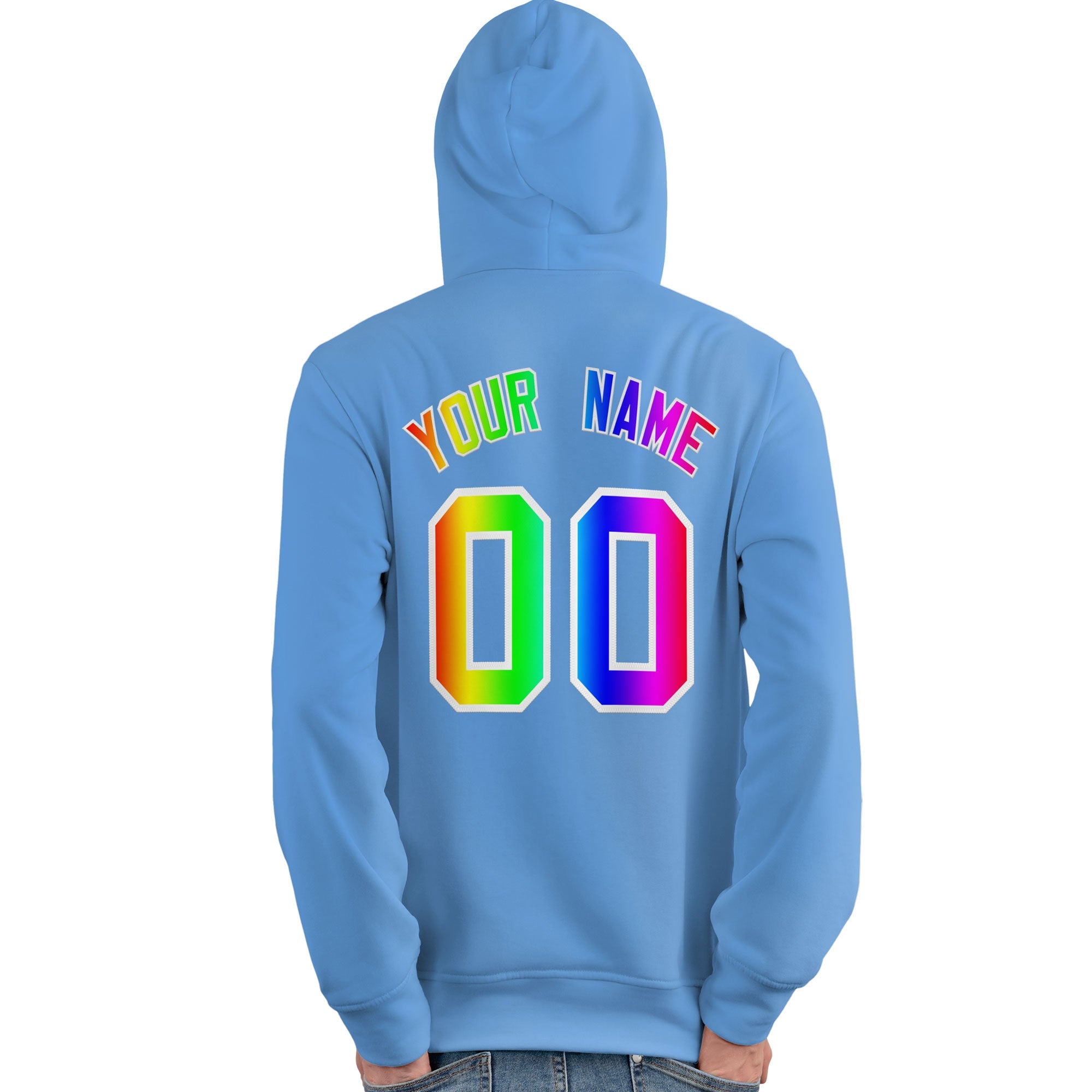 Custom Powder Blue Personalized Rainbow Color Font Team Pullover Sweatshirt Hoodie