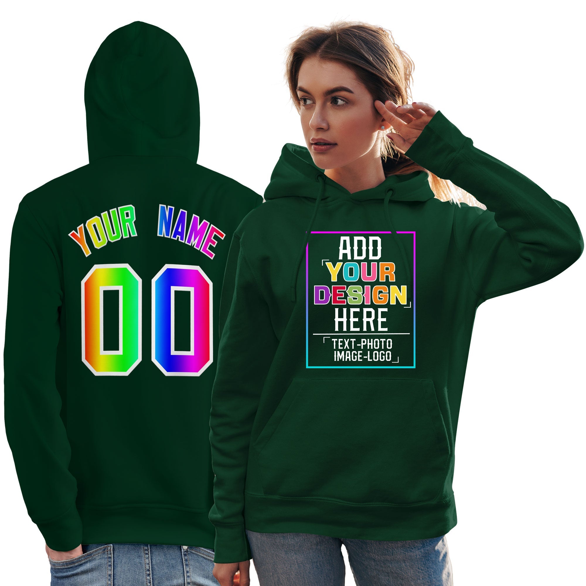 Sweat à capuche personnalisé vert personnalisé avec police de couleur arc-en-ciel