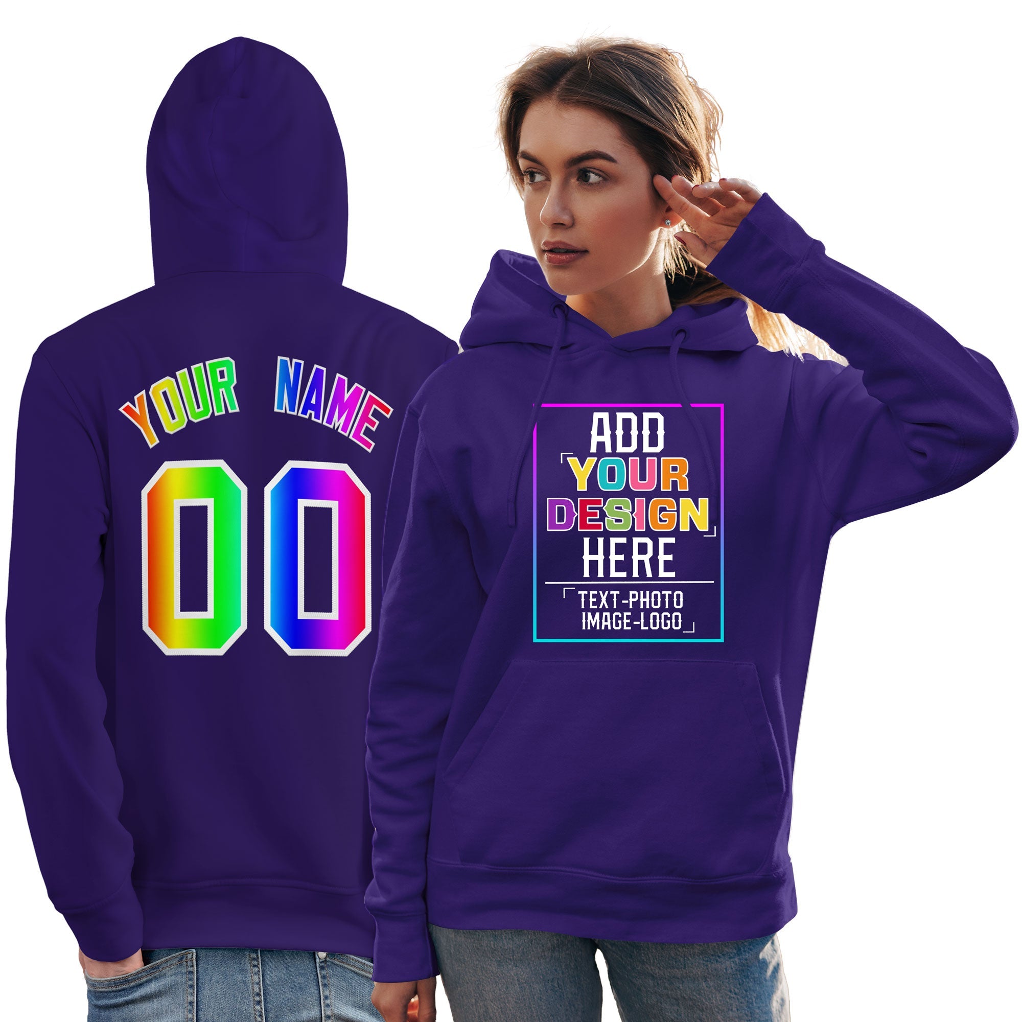 Custom Purple Personalized Rainbow Color Font Team Pullover Sweatshirt Hoodie