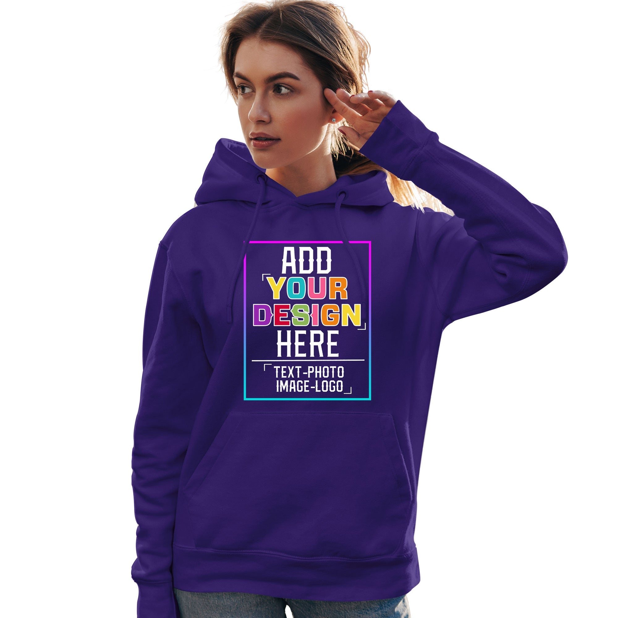 Sweat à capuche personnalisé violet personnalisé avec police de couleur arc-en-ciel