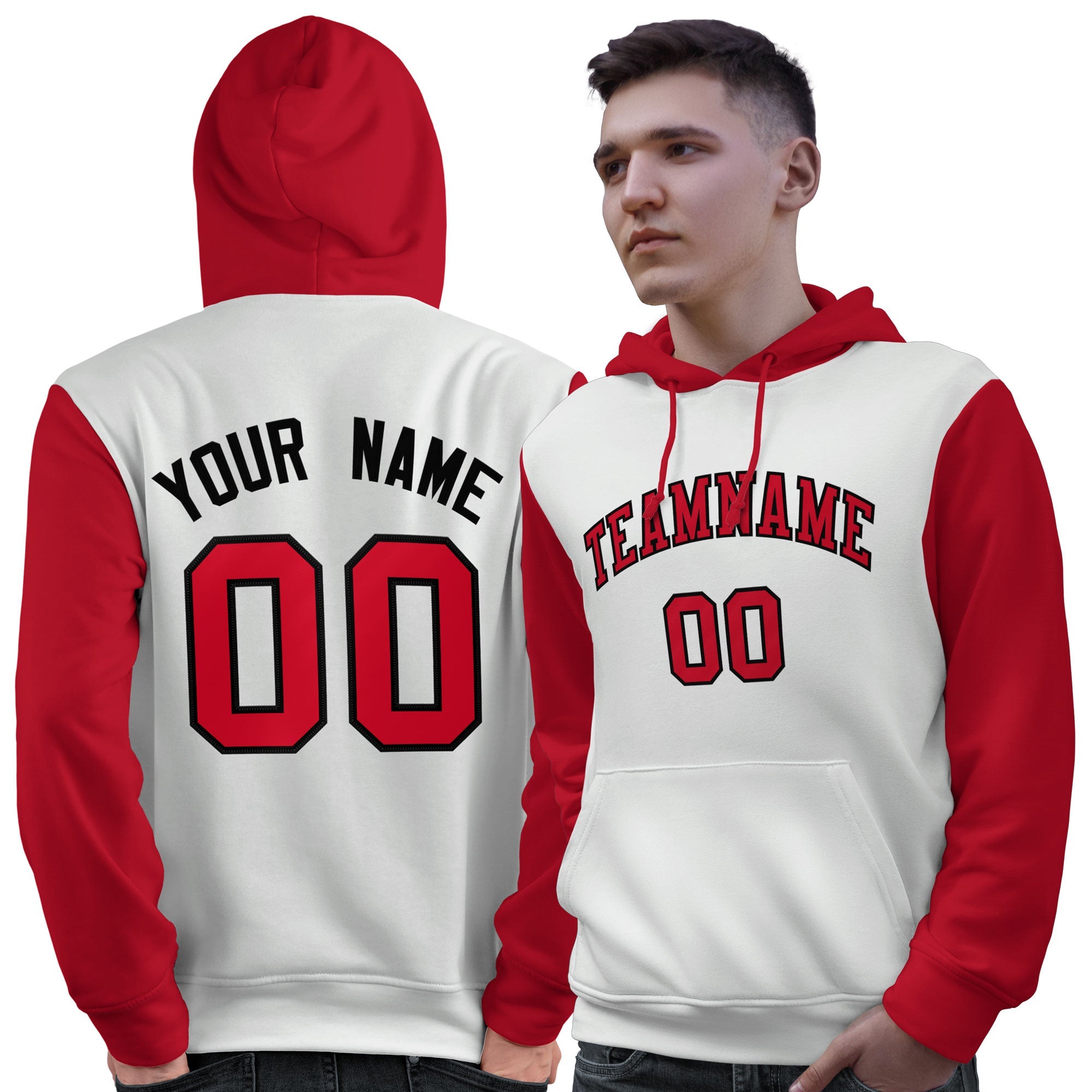 Custom White Red-Black Raglan Sleeves Pullover Personalized Sweatshirt Hoodie