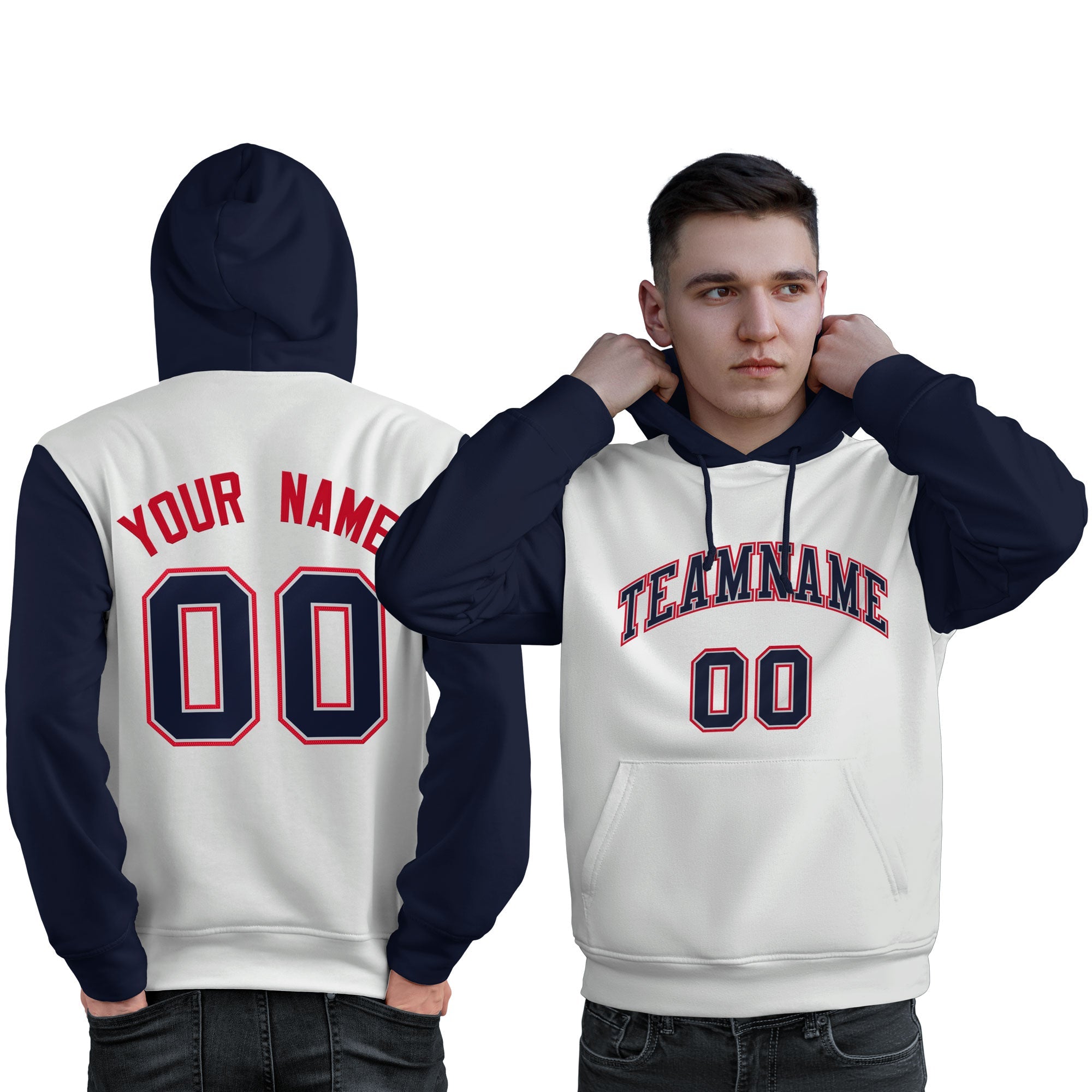 Custom White Navy-Red Raglan Sleeves Pullover Personalized Sweatshirt Hoodie