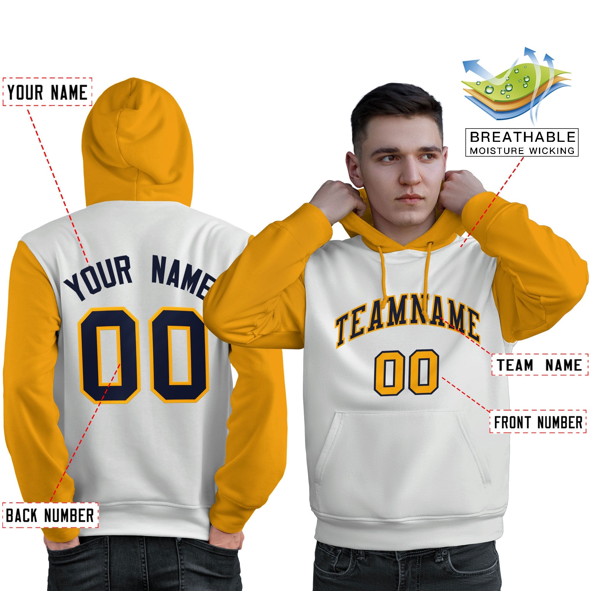 Custom White Navy-Gold Raglan Sleeves Pullover Personalized Sweatshirt Hoodie