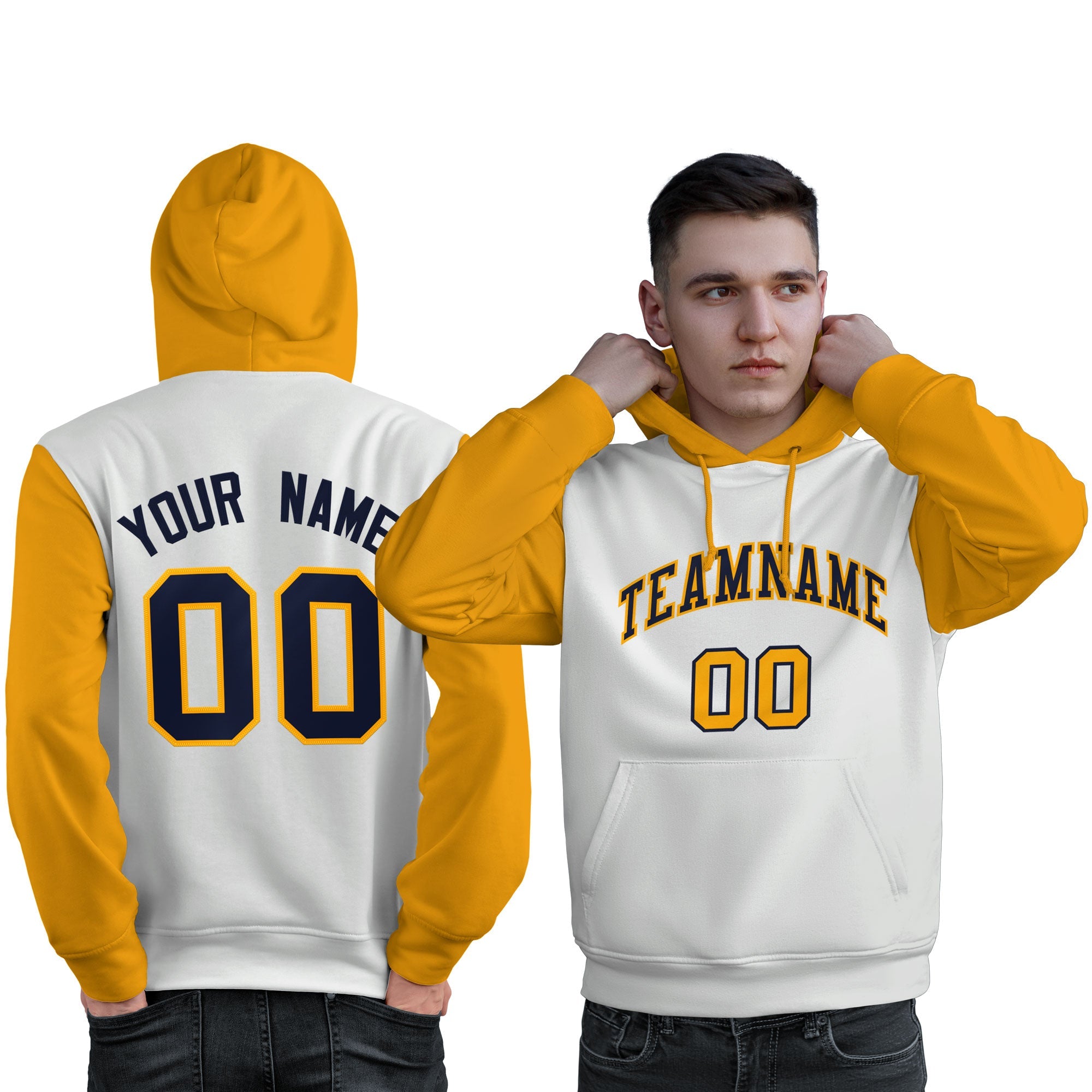 Custom White Navy-Gold Raglan Sleeves Pullover Personalized Sweatshirt Hoodie