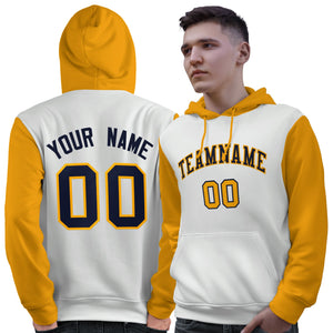 Custom White Navy-Gold Raglan Sleeves Pullover Personalized Sweatshirt Hoodie