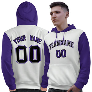 Custom White Black-Purple Raglan Sleeves Pullover Personalized Sweatshirt Hoodie